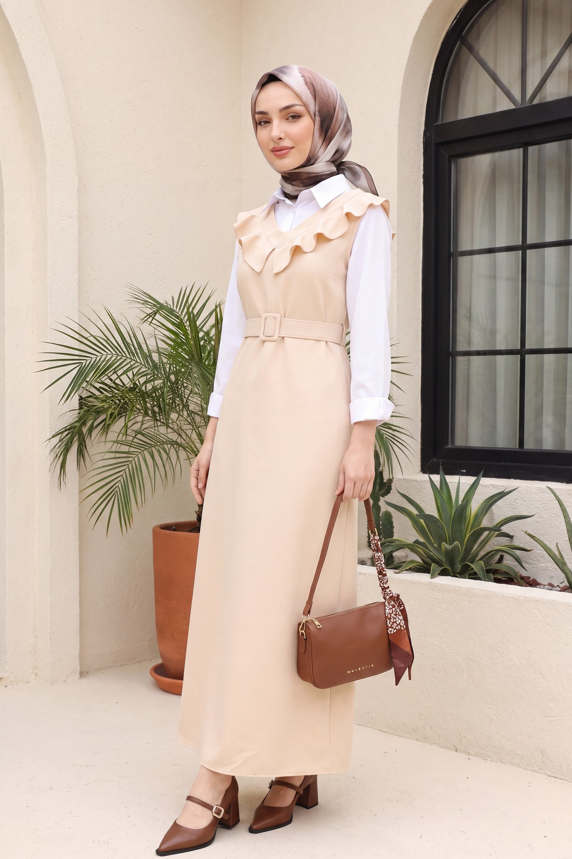 V-Neck Ruffled Belted Long Jile Dress - Cream - Podyumplus - by Peralane