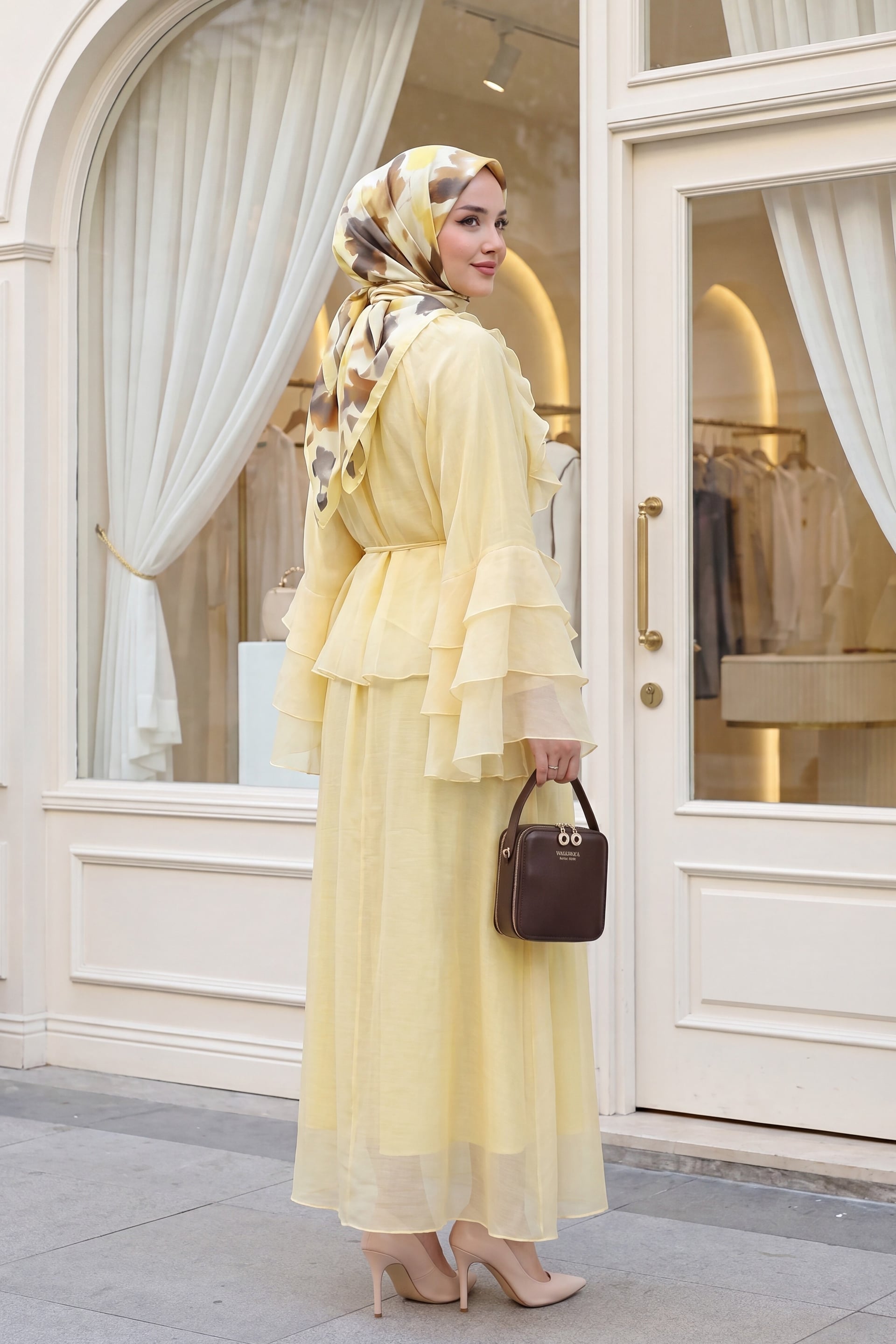 Ruffled Front Spanish Sleeve Lined Laced Skirt Cupra Set - Yellow - Podyumplus - by Peralane - photo 2