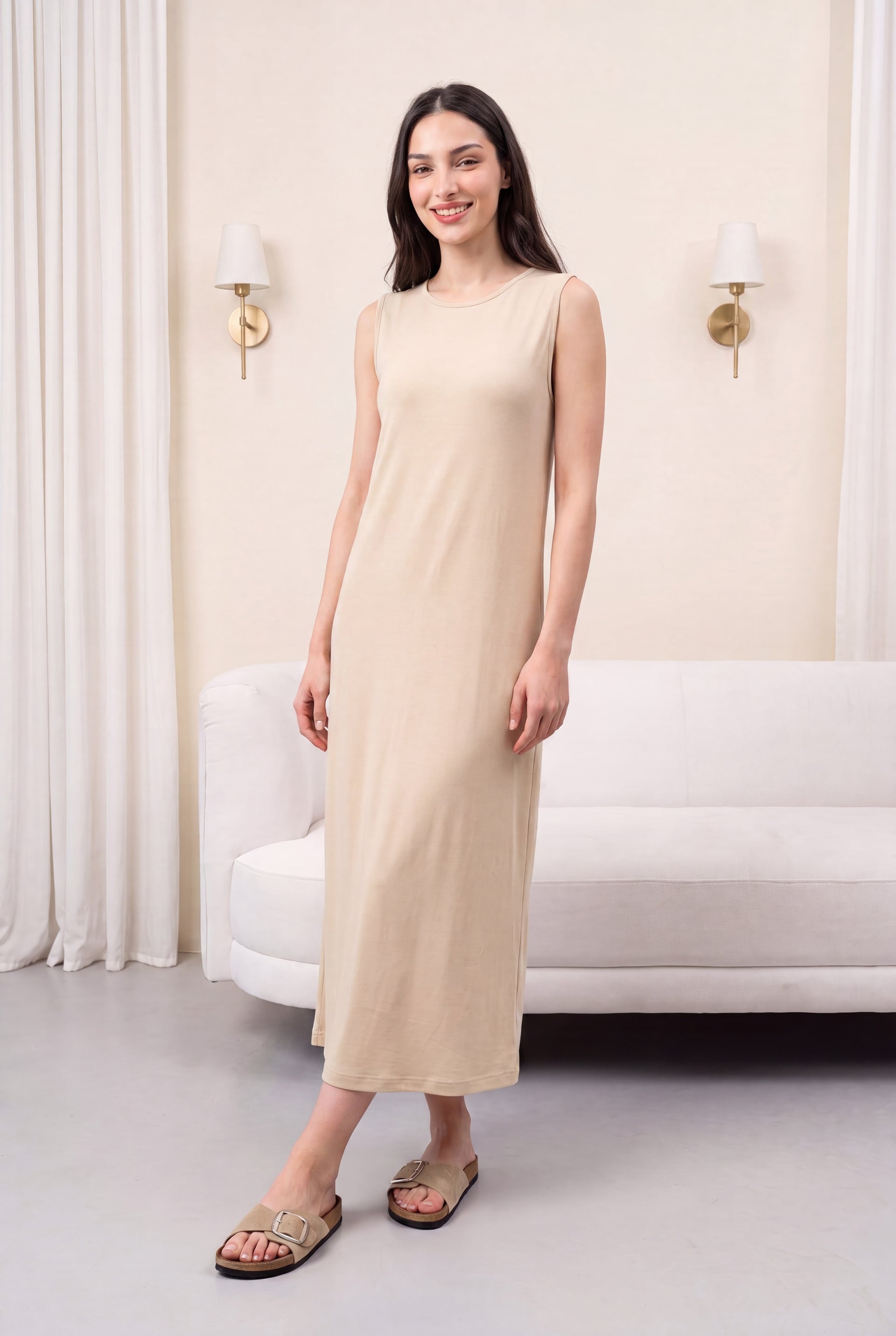 Beige Sleeveless Crew Neck Long Jersey Slip Dress - Podyumplus - by Peralane