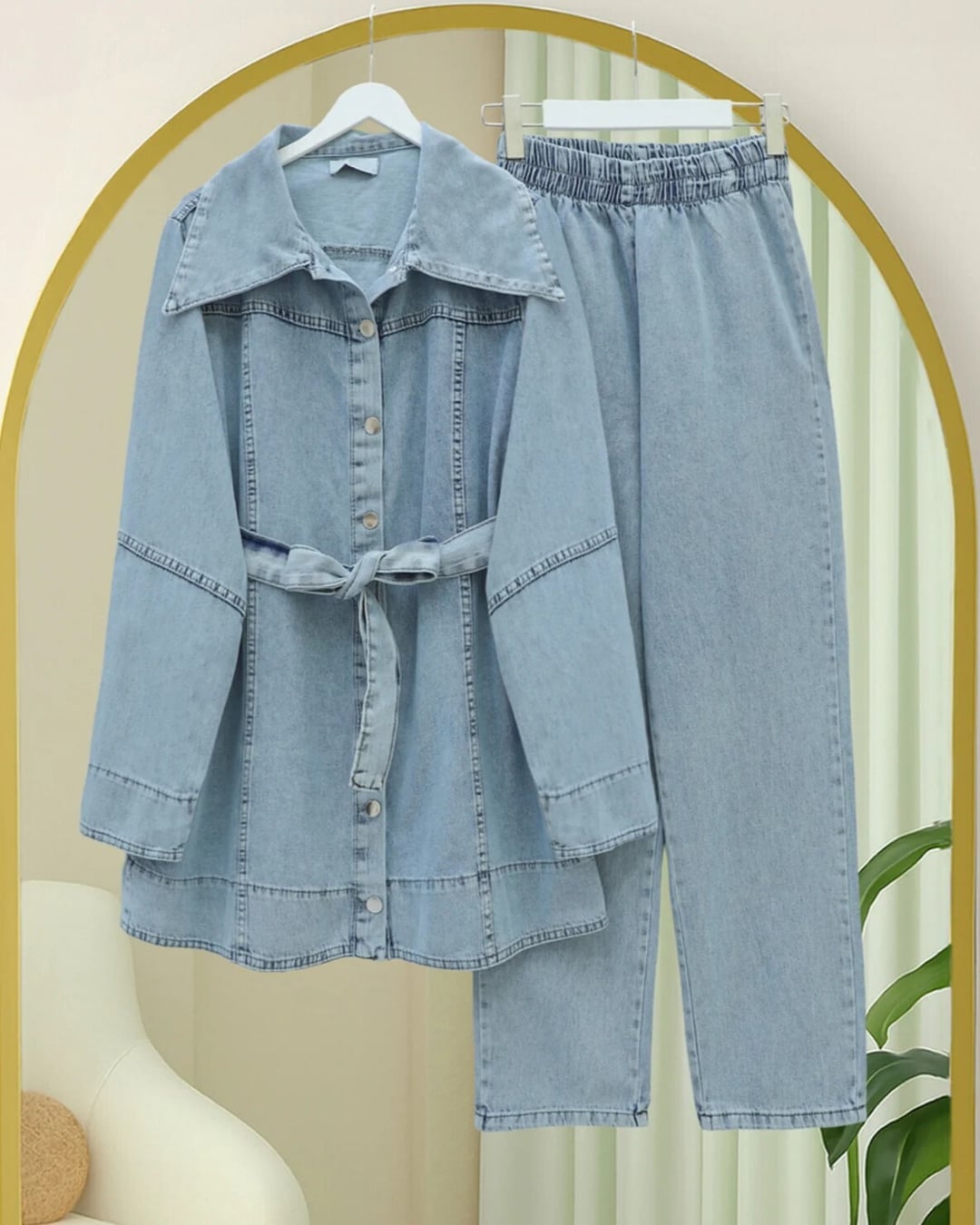 Belted Button-Front Denim Tunic and Wide-Leg Trousers Set - Ice Blue - Podyumplus - by Peralane - photo 3