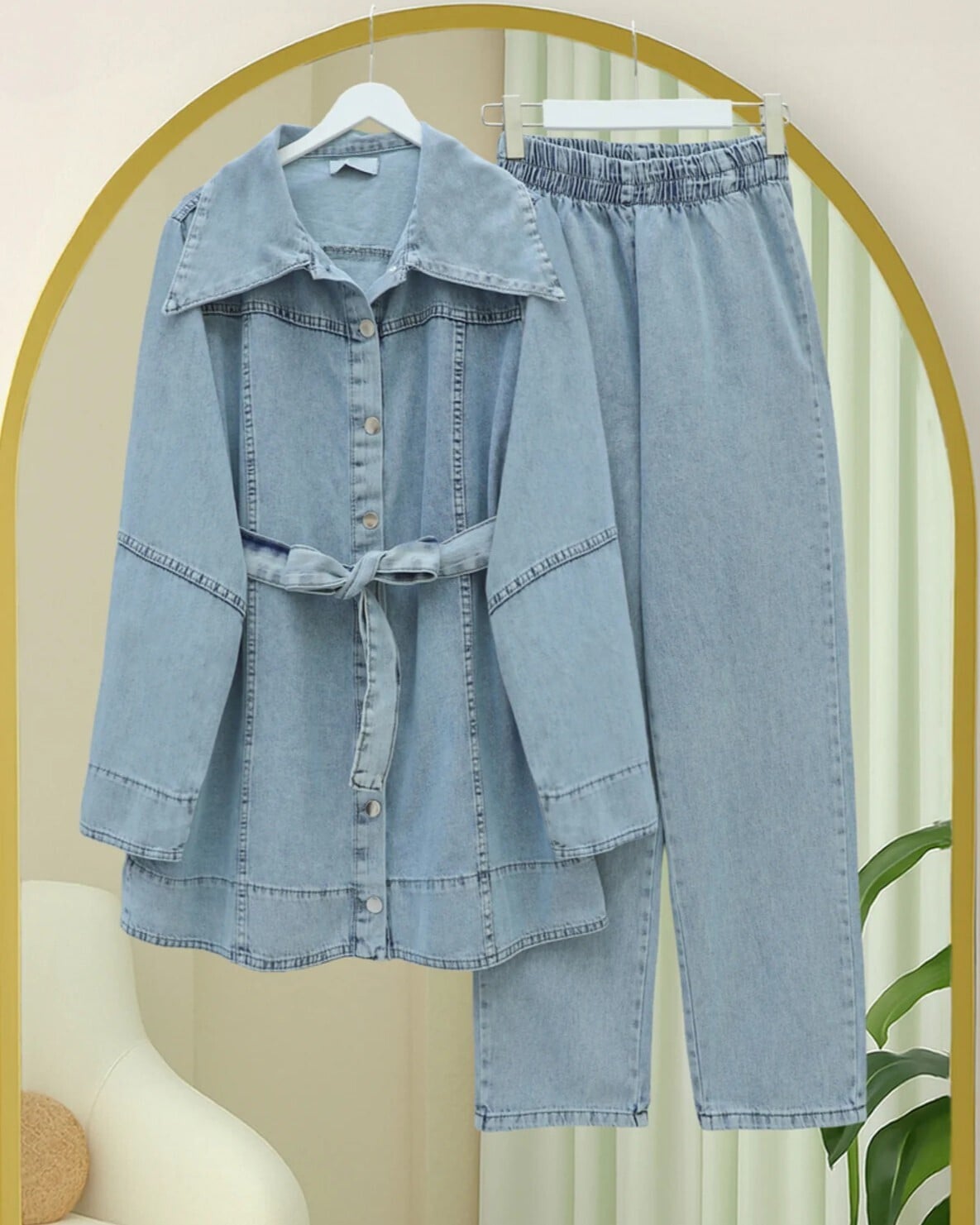 Belted Button-Front Denim Tunic and Wide-Leg Trousers Set - Ice Blue - Podyumplus - by Peralane - photo 3