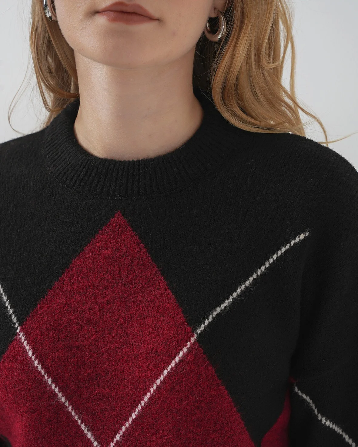 Oversize Argyle Patterned Knit Sweater - Black - Bigdart - by Peralane - photo 7