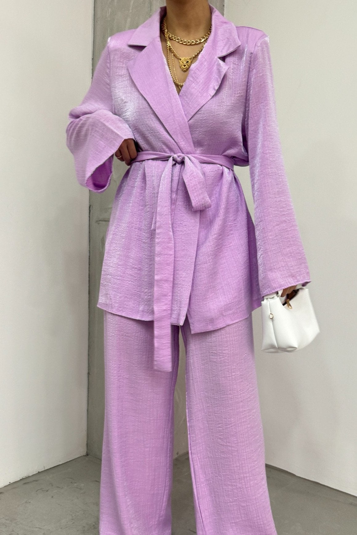 Top Button Jacket and Wide-Leg Trousers Co-ord Set in Lavender - Podyumplus - by Peralane