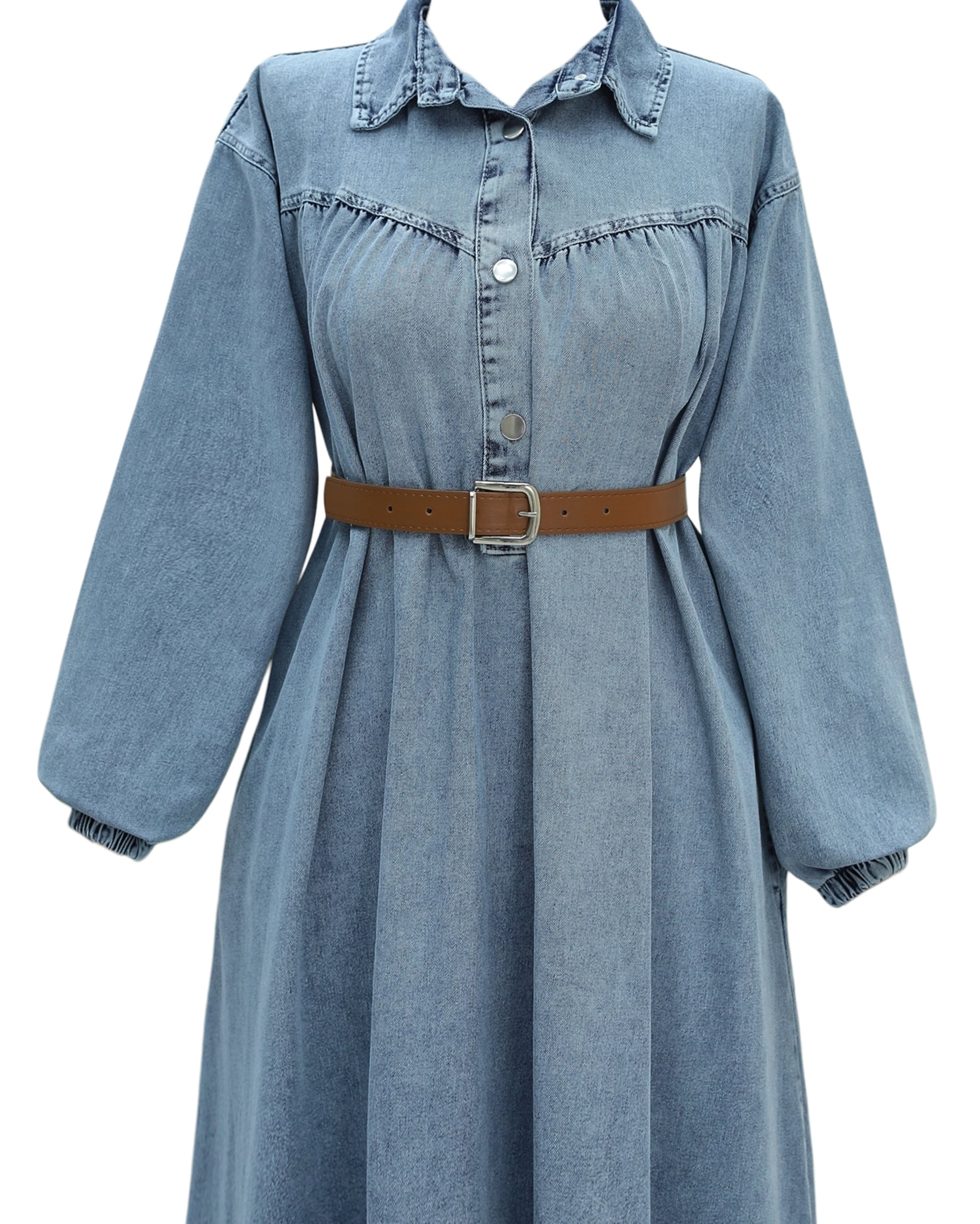 Half Button Denim Dress with Elasticated Sleeves and Belt - Light Blue - Podyumplus - by Peralane - photo 8