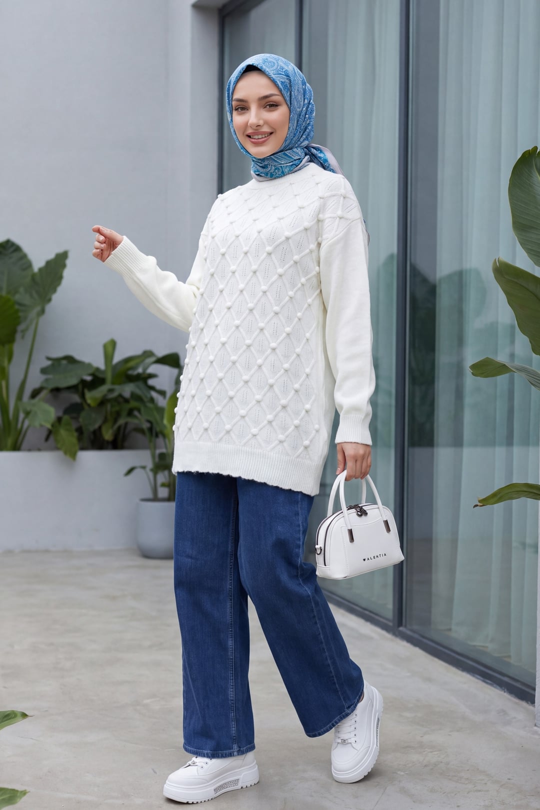 White Checked Slouchy Knit Tunic with Pom Poms and Bicycle Neckline - Podyumplus - by Peralane - photo 3