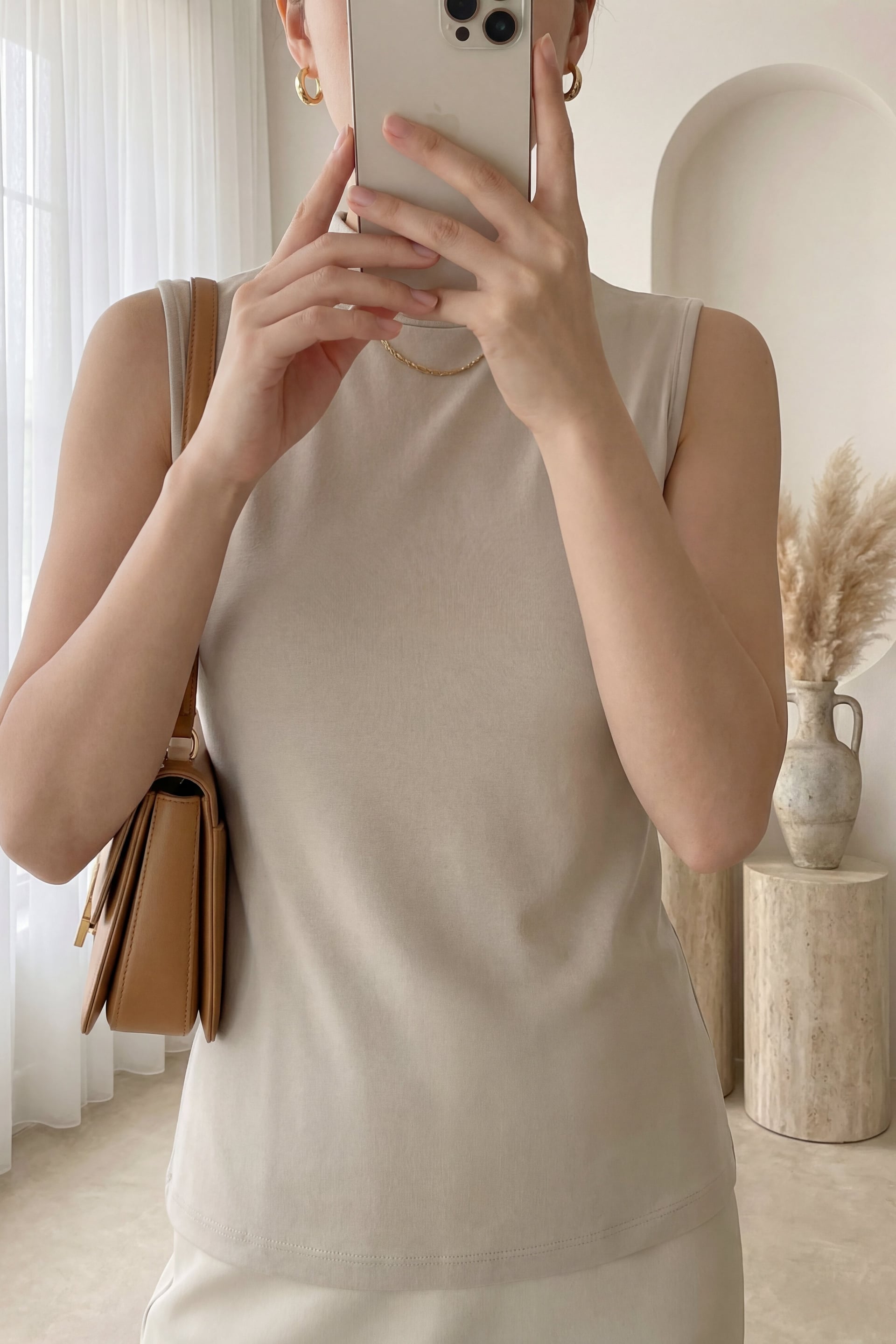Beige Mock Neck Sleeveless Knit Top - Podyumplus - by Peralane
