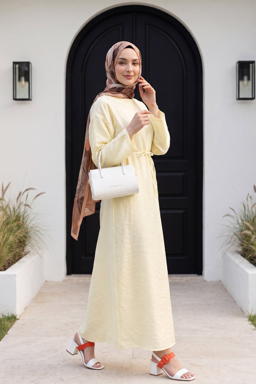 Tie Waist Back Zip Modest Dress in Pale Yellow - Podyumplus - by Peralane - photo 2