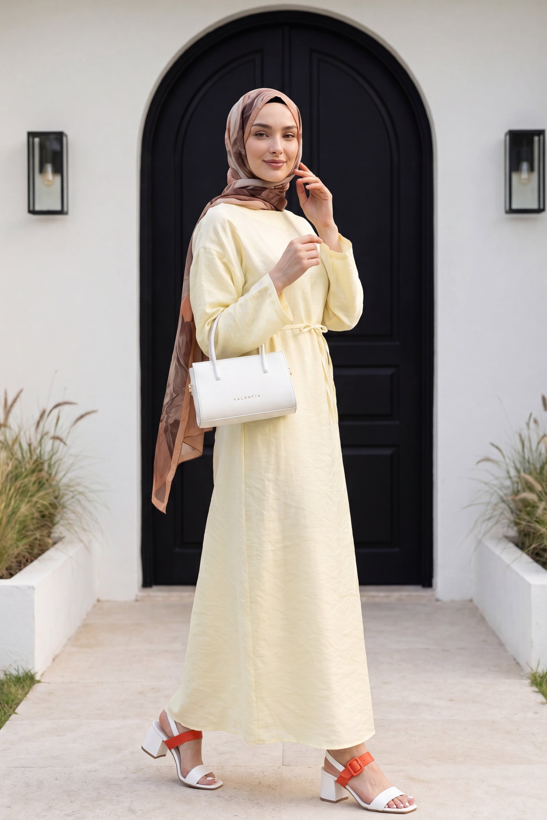 Tie Waist Back Zip Modest Dress in Pale Yellow - Podyumplus - by Peralane - photo 2