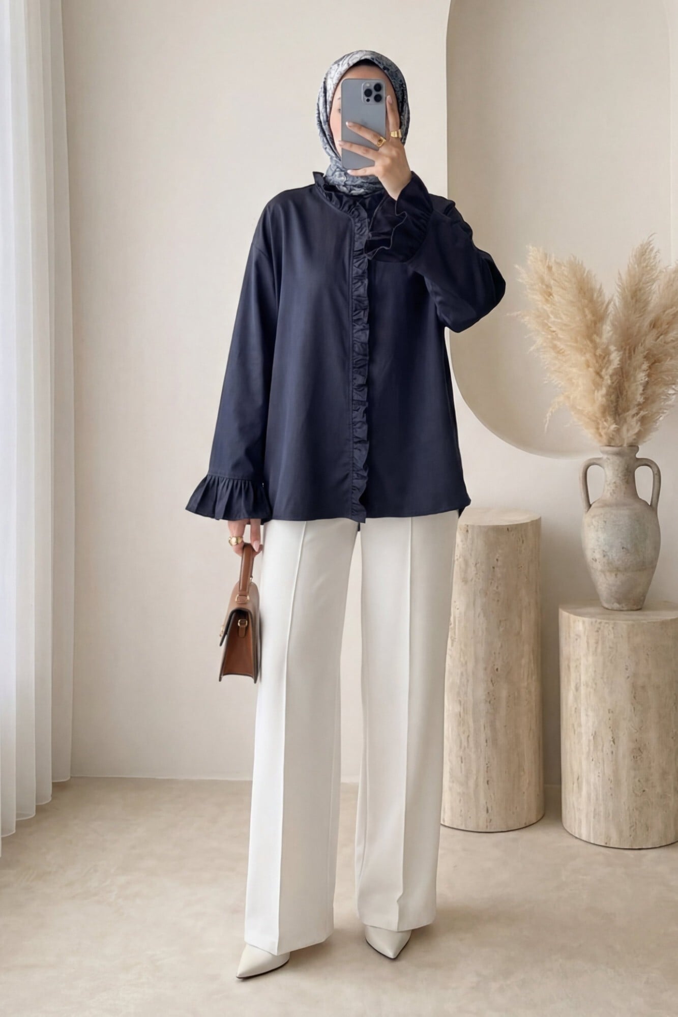 Navy Blue Frill Front Long Back Blouse - Podyumplus - by Peralane - photo 2