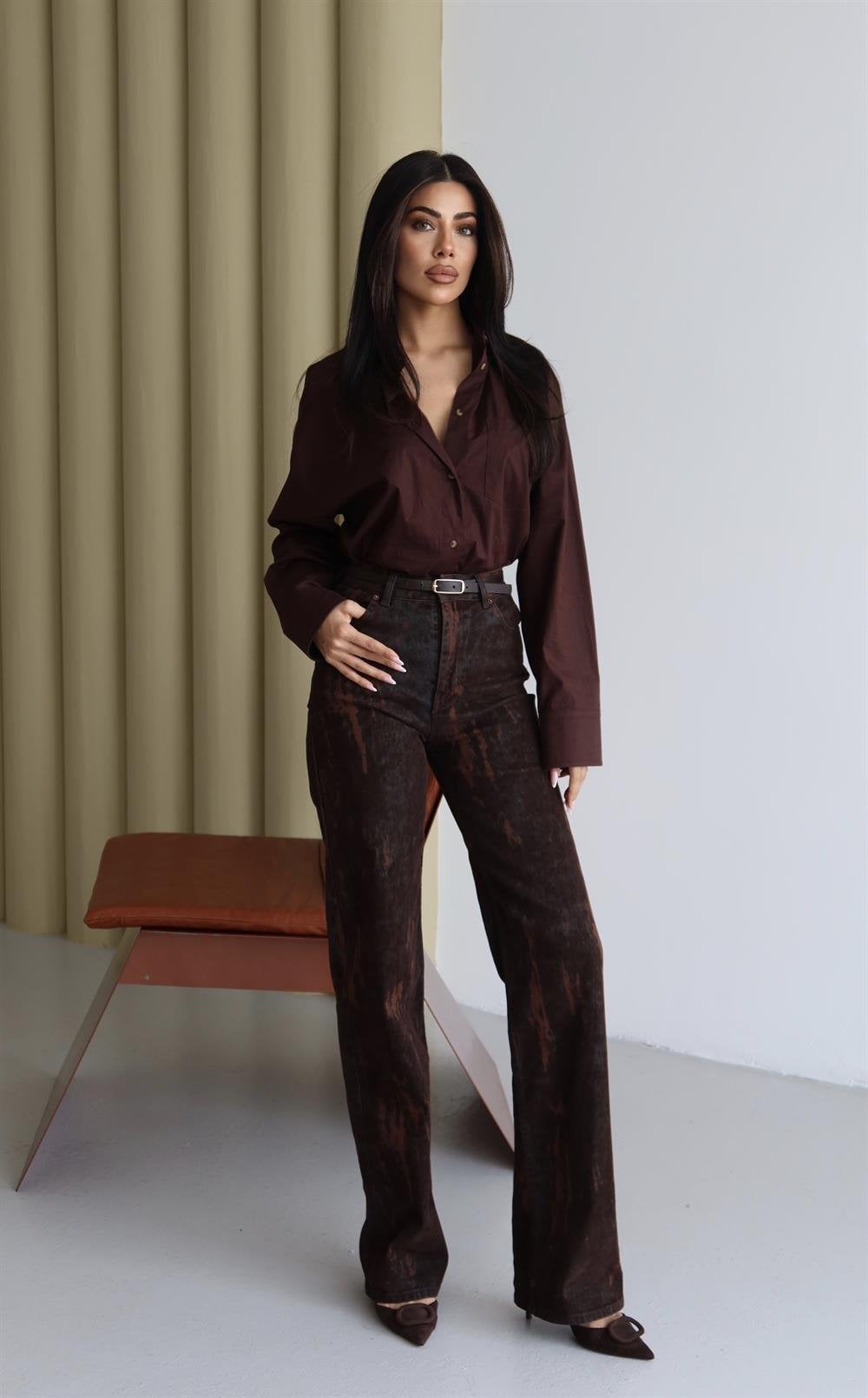 Women's High-Rise Flok Printed Brown Jeans - Lacarino Jeans - by Peralane - photo 5