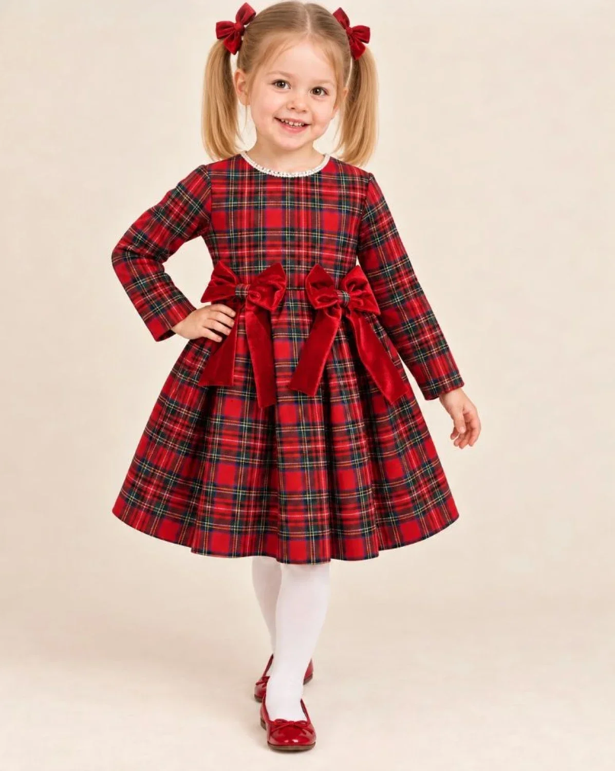 Red Tartan Plaid Dress with Pearl Trim and Velvet Bows - Interkidsy - by Peralane