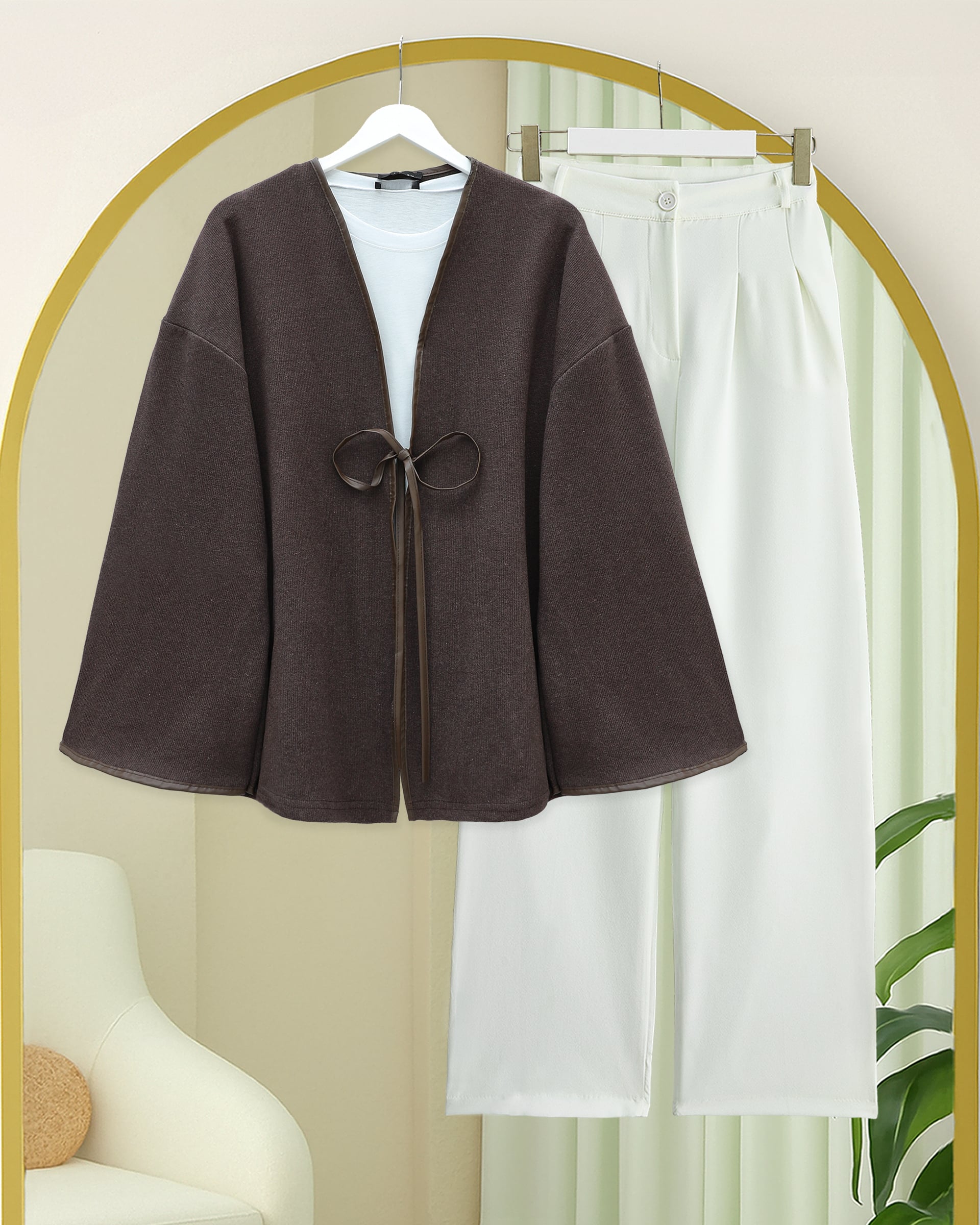 Tie-Front Leather-Trimmed Relaxed Kimono Cardigan in Earth Brown - Podyumplus - by Peralane - photo 6