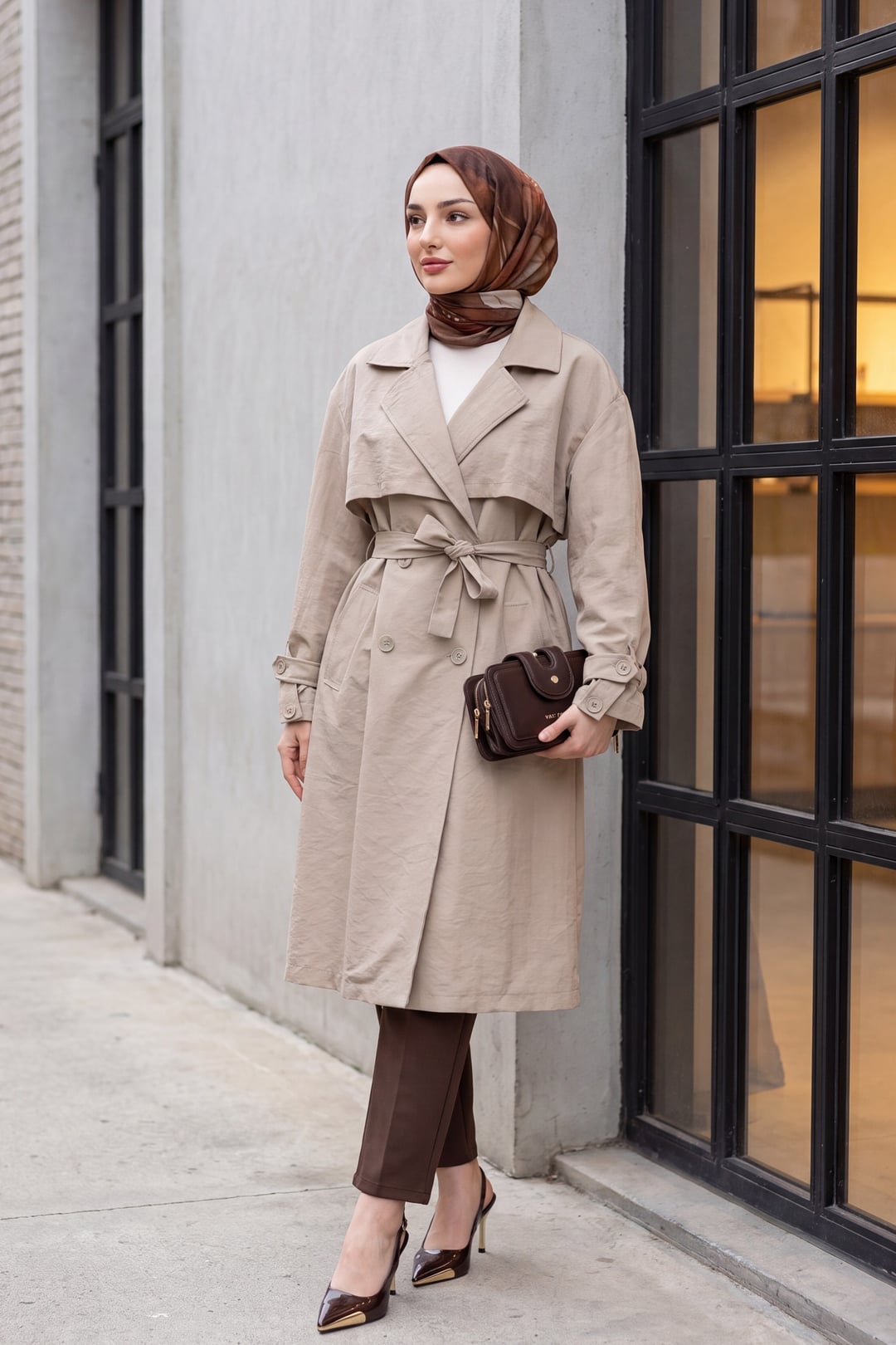 Belted Double-Breasted Trench Coat with Epaulettes and Pockets - Stone - Podyumplus - by Peralane