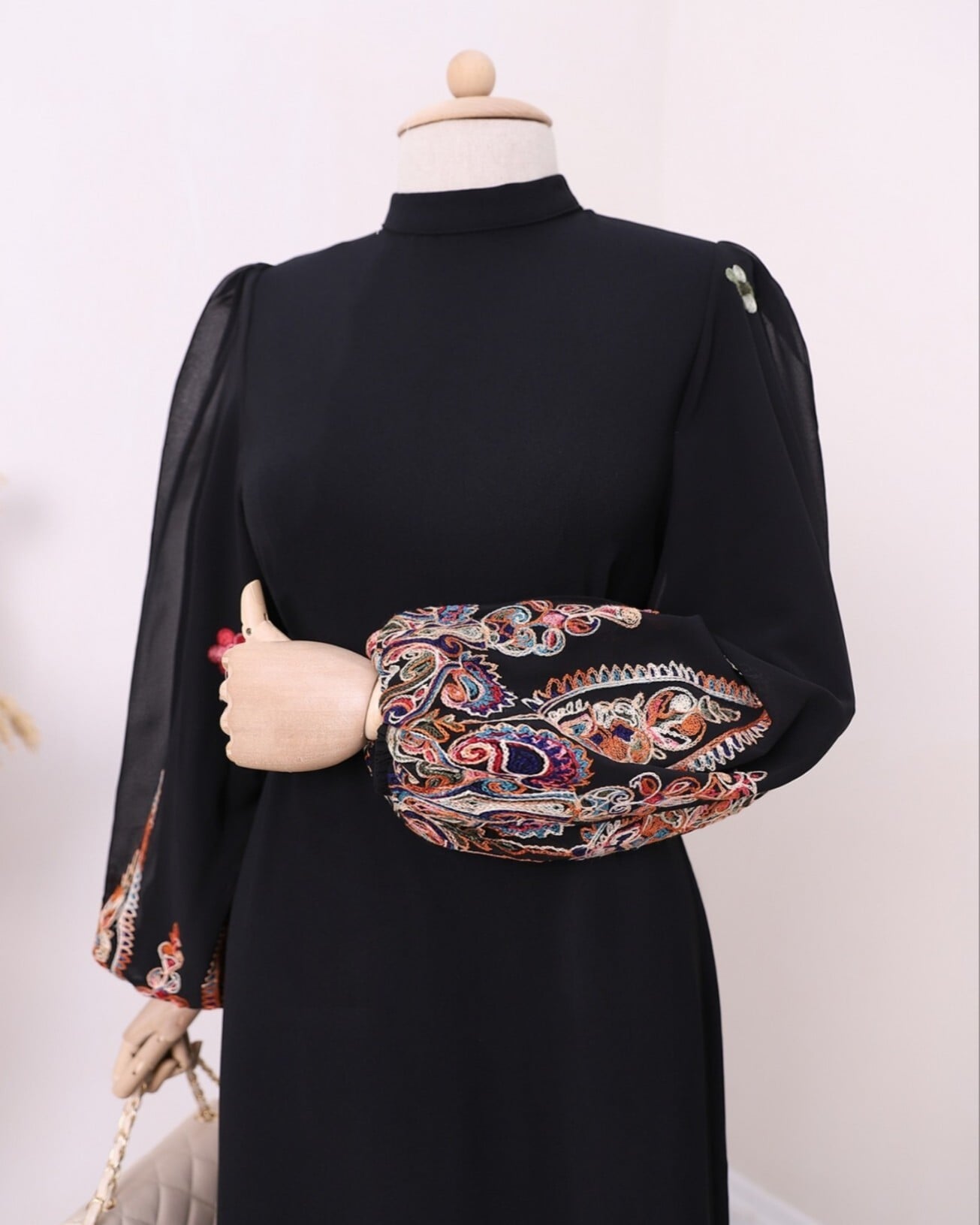 Black Embroidered Sleeve Maxi Dress with Tie Waist - Podyumplus - by Peralane - photo 5