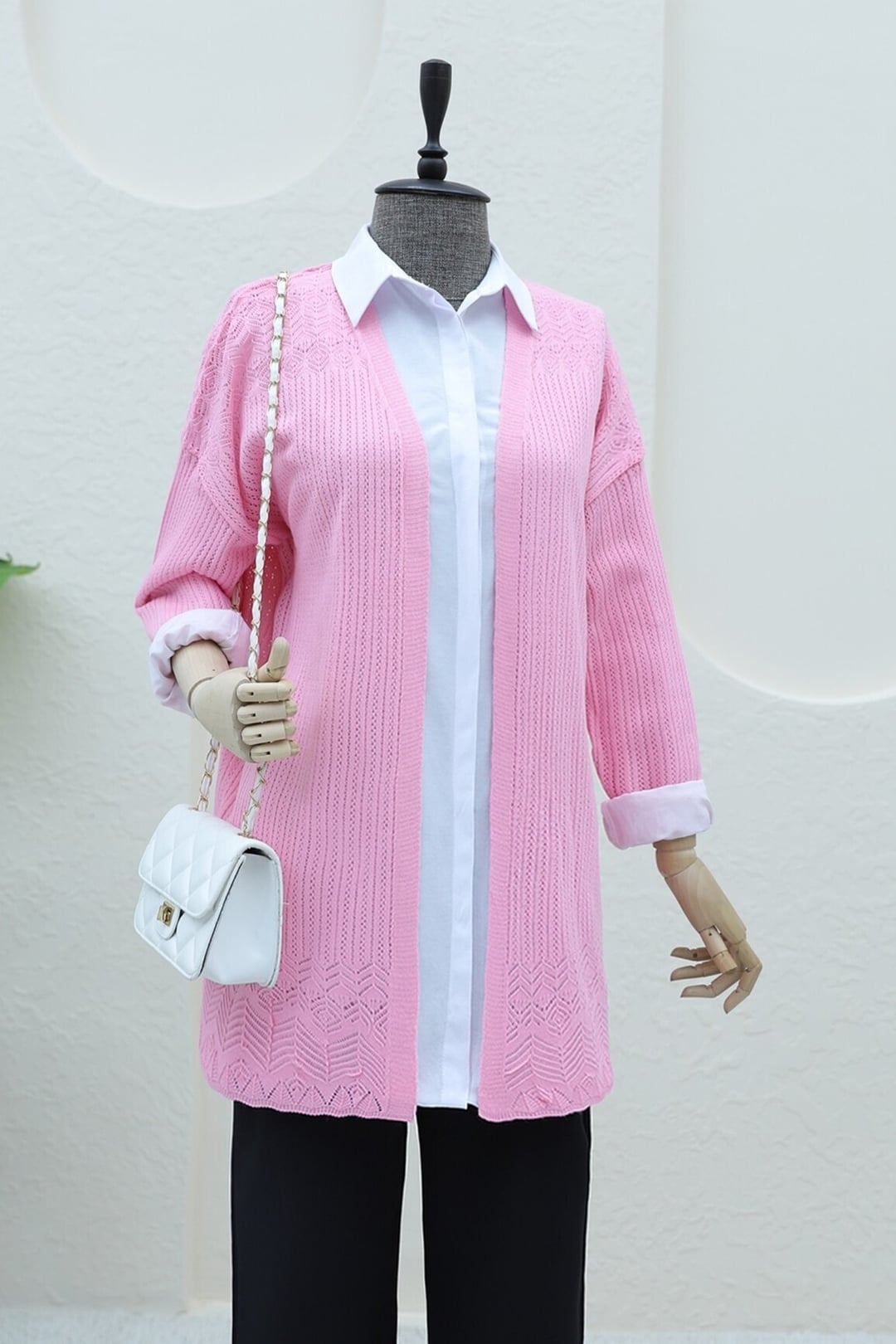 Patterned Skirt Openwork Cardigan - Pink - Podyumplus - by Peralane - photo 7