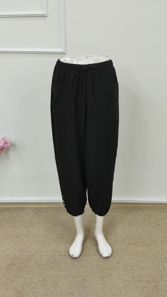 Women's Black Drawstring Waist Cropped Trousers with Button Detail - Janes - by Peralane - photo 4