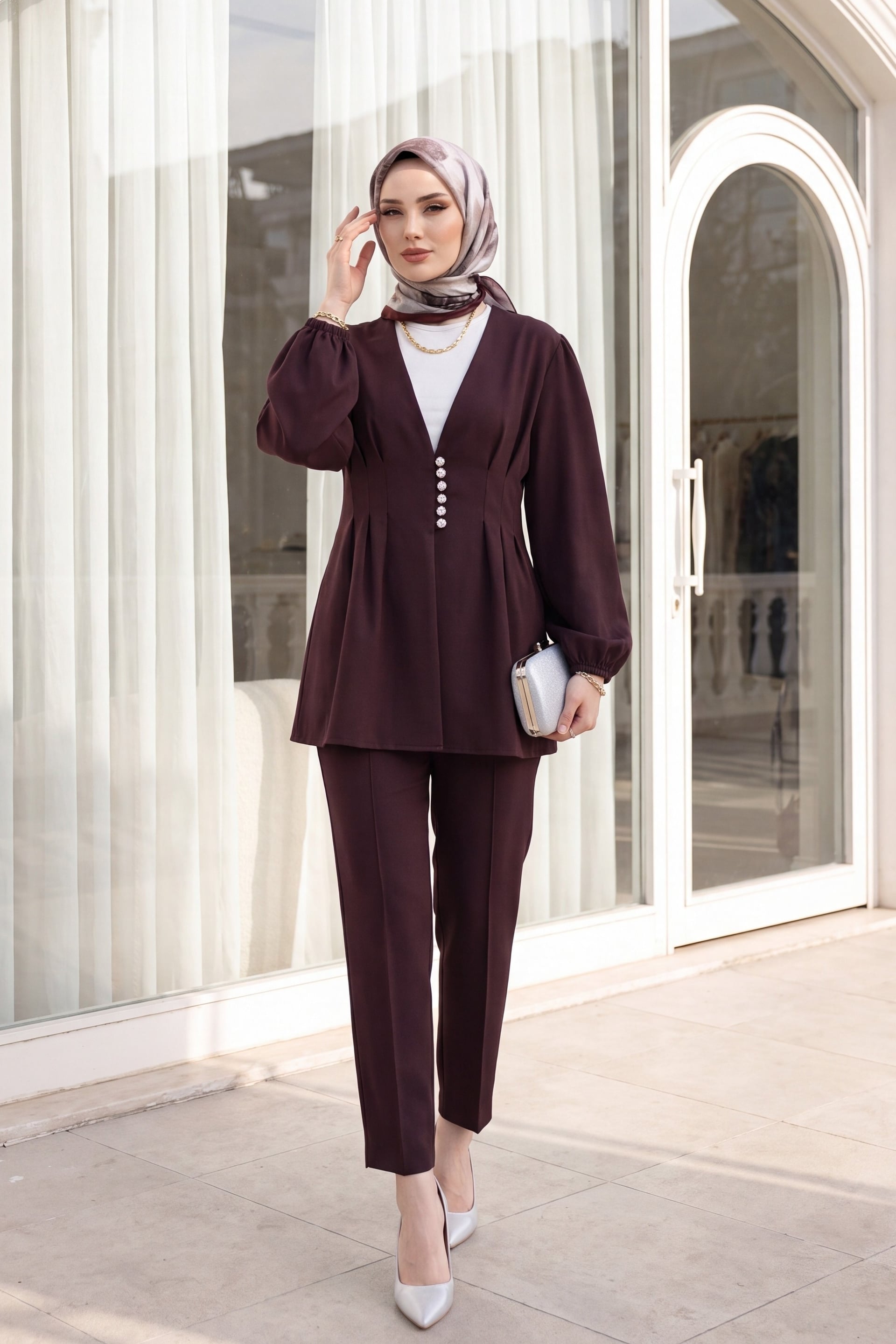 Jewel Button Tunic and Double Trousers Set - Dark Plum - Podyumplus - by Peralane - photo 3