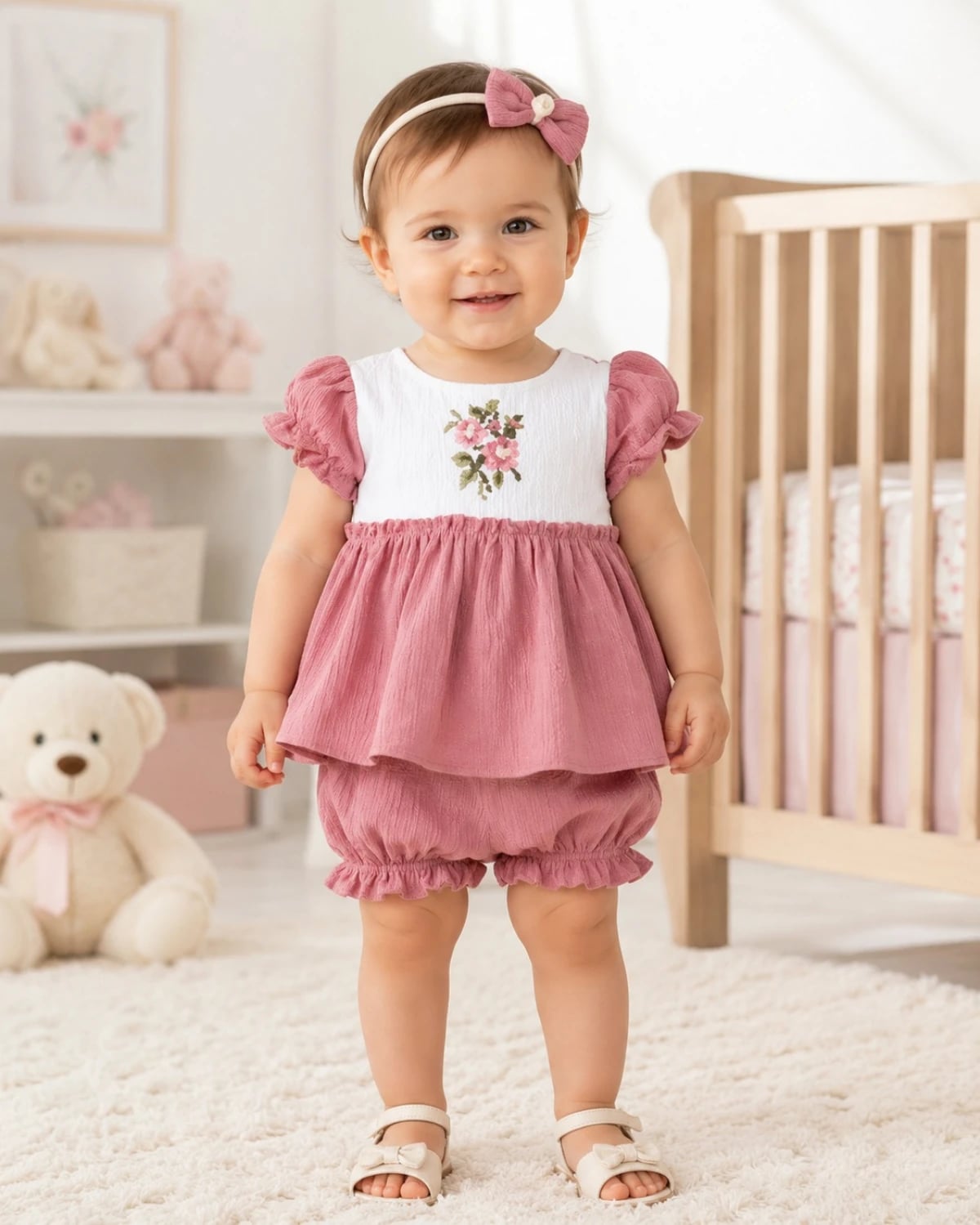 Baby Girl's 3-Piece Dress Set with Floral Embroidery - Dusty Rose - Has Bereket - by Peralane