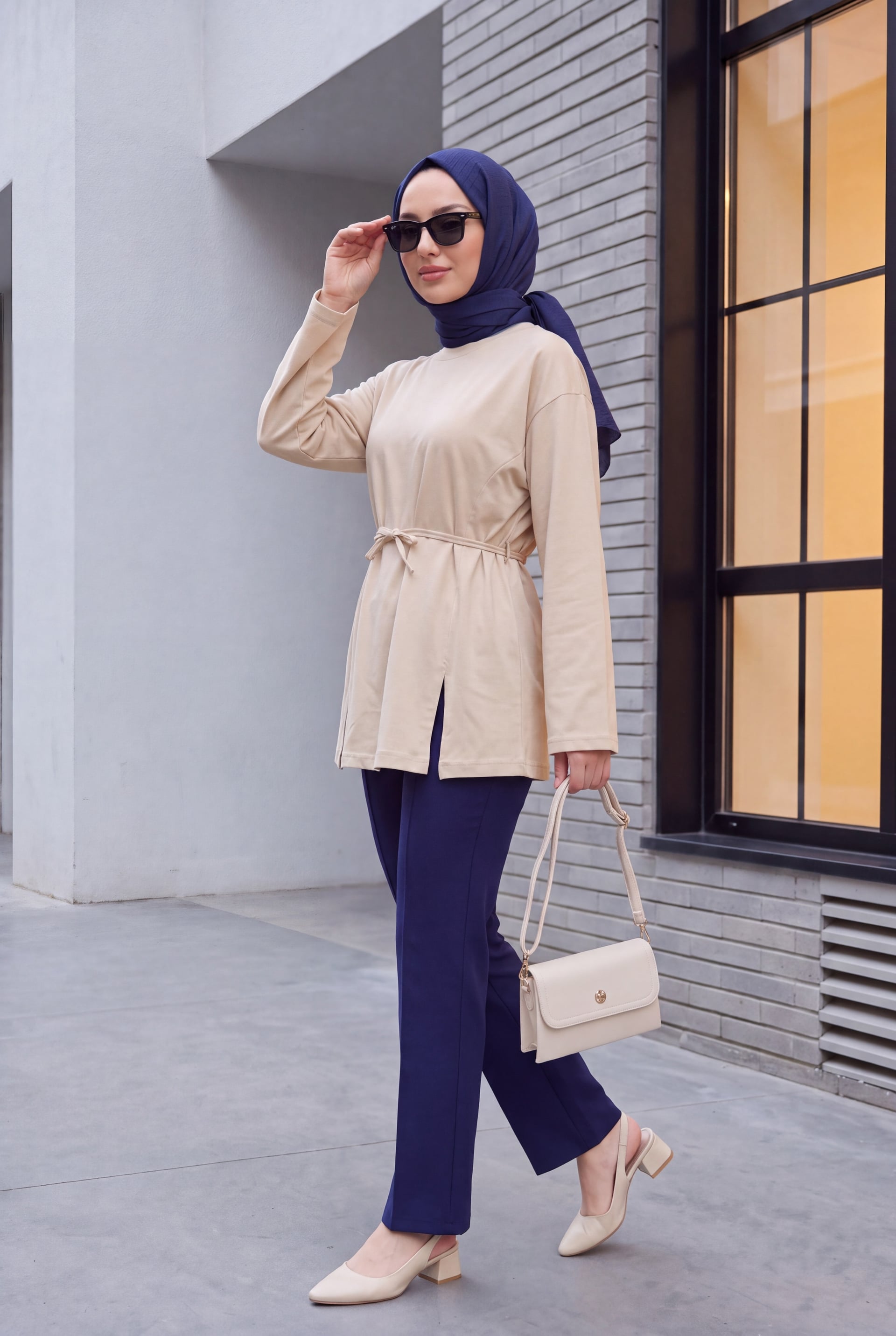 Tie-Waist Side-Slit Knit Tunic - Beige - Podyumplus - by Peralane - photo 2