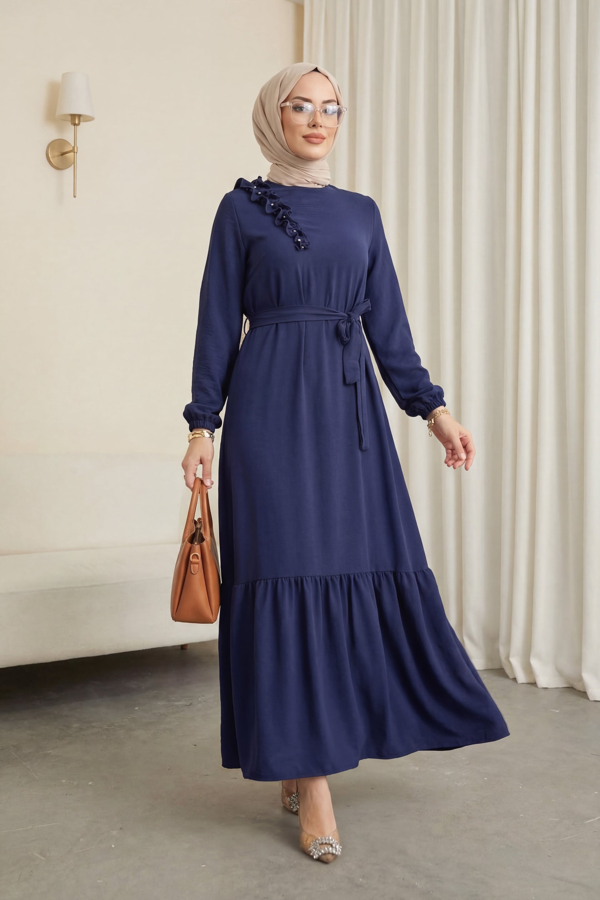 Navy Blue Ruffled Stone Detail Tiered Belted A-Line Dress - Podyumplus - by Peralane