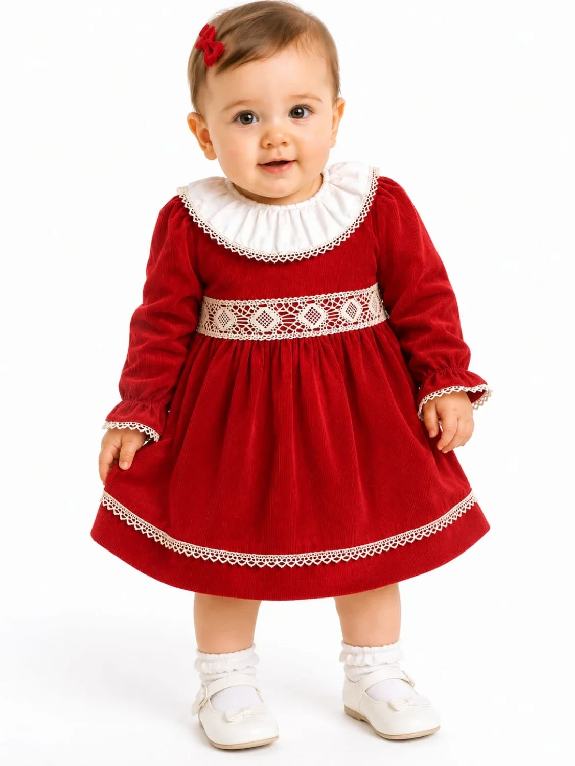 Red Corduroy Baby Girl Dress with Ruffled Collar - Serkon Baby - by Peralane