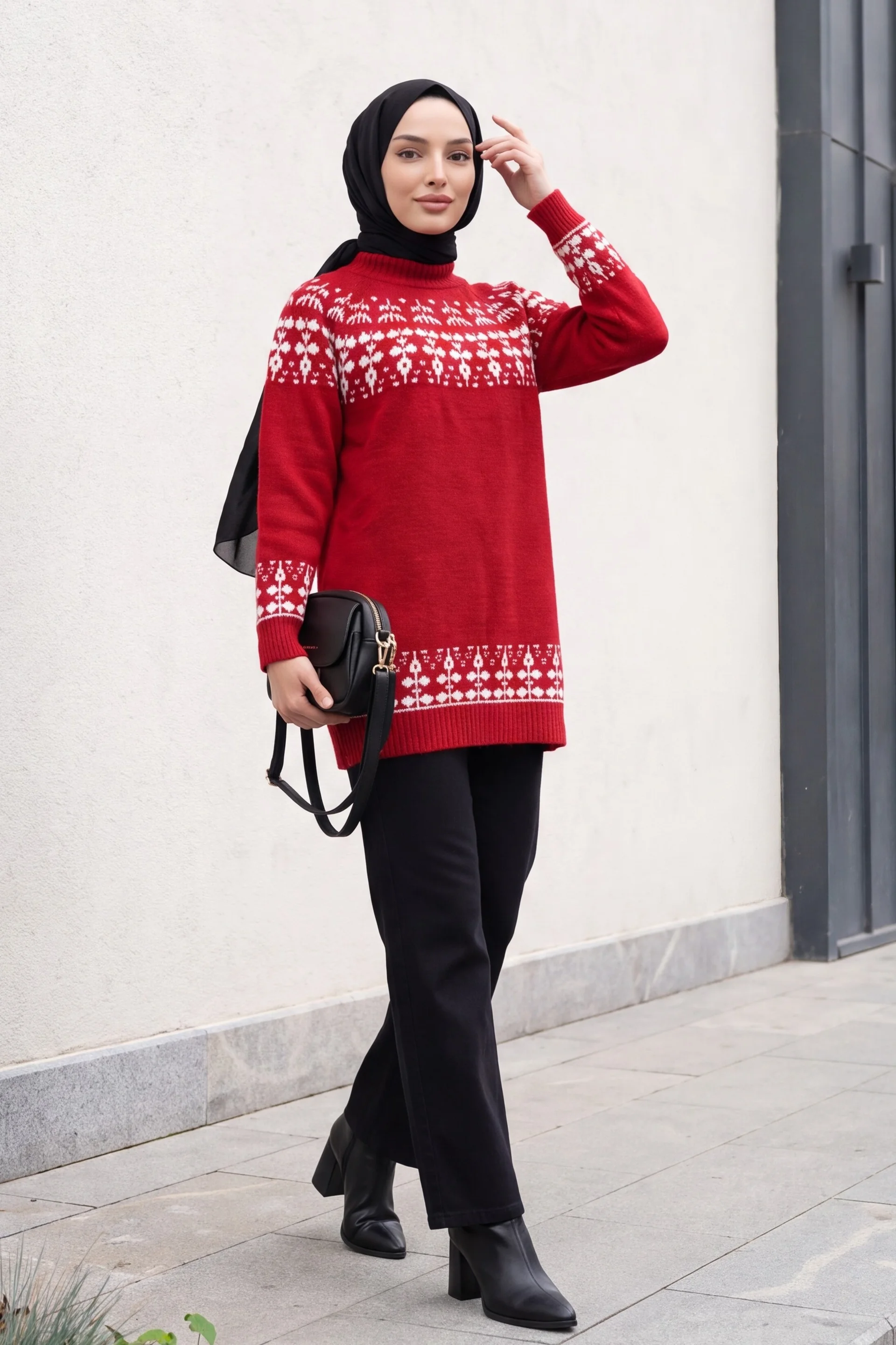 Half-Collar Patterned Knit Tunic - Red - Podyumplus - by Peralane - photo 3