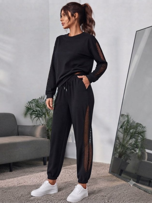 Women's Long Sleeve Crew Neck Mesh Tulle Detail Viscose Two-Thread Blouse and Trousers Two-Piece Set - Janes - by Peralane - photo 3