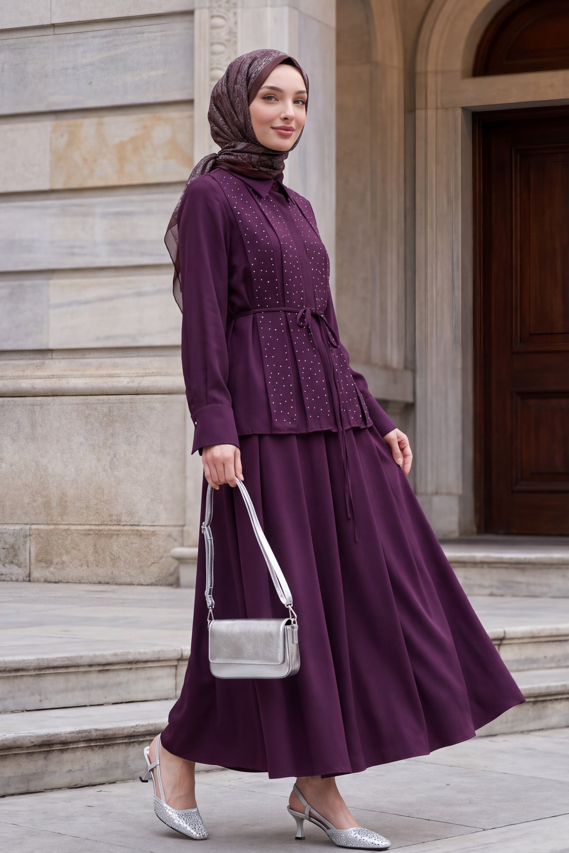 Two-Piece Modest Set with Stone-Trimmed Lace-Up Blouse and Pleated Maxi Skirt in Plum - Podyumplus - by Peralane - photo 2
