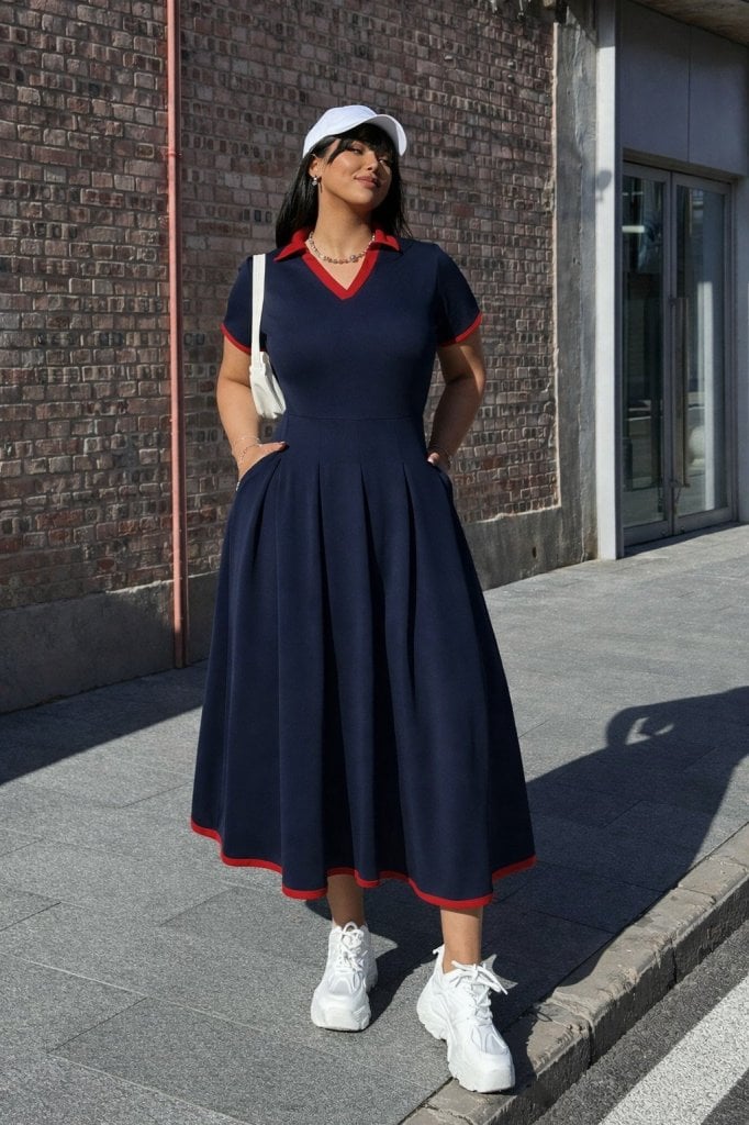 Women's Navy Blue Short-Sleeve V-Neck Pleated Long Crepe Dress with Red Trim - Janes - by Peralane - photo 2