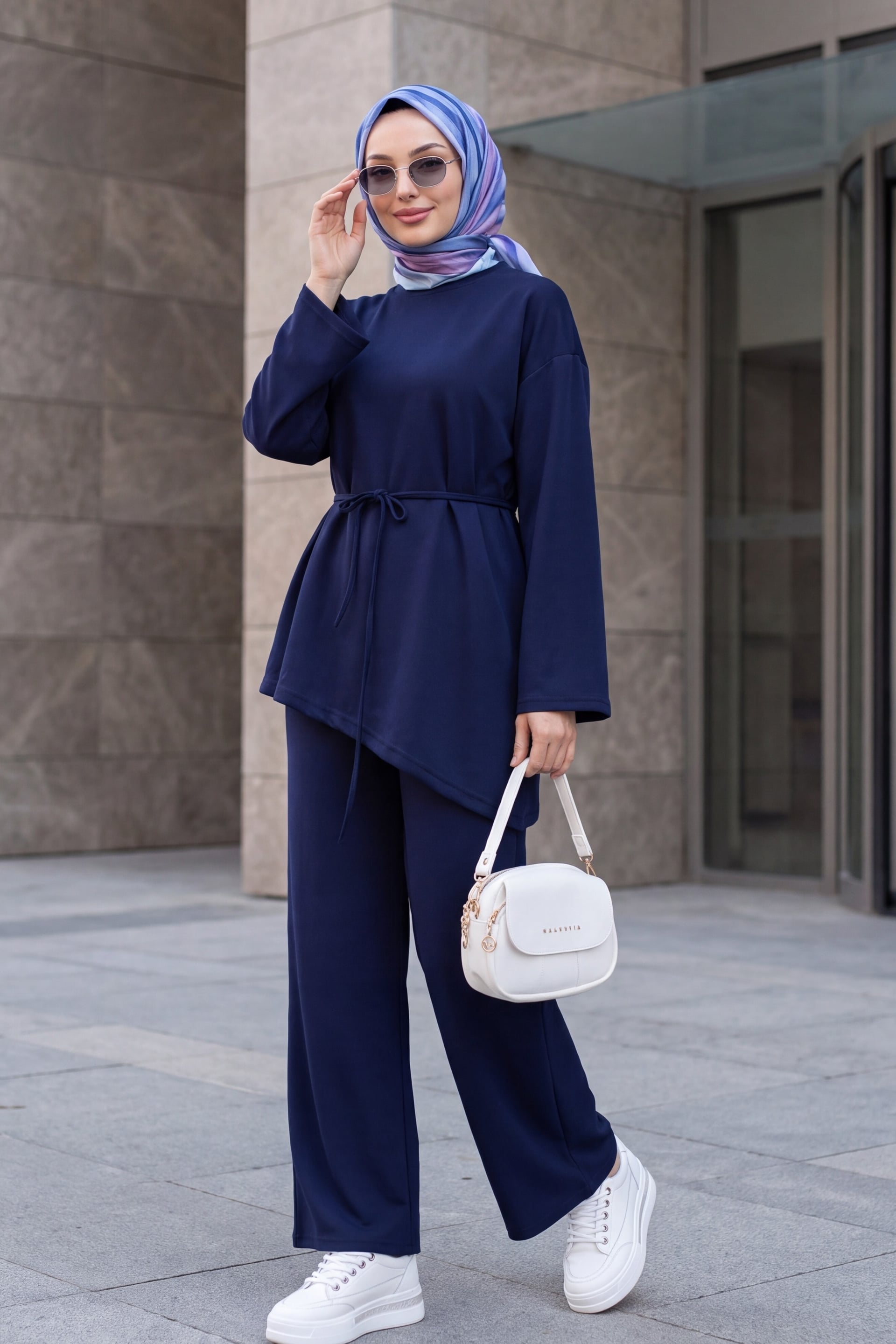 Asymmetric Cut Belted Oversize Jersey Co-ord Set with Trousers - Navy - Podyumplus - by Peralane - photo 2