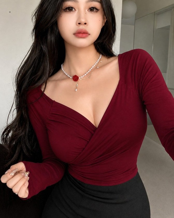 Women's Long-Sleeved Wrap V-Neck Viscose Blouse in Deep Red - Janes - by Peralane