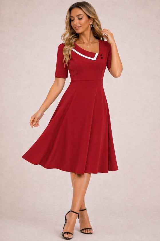 Women's Short Sleeve Asymmetric Neckline Midi Crepe Dress - Janes - by Peralane - photo 2