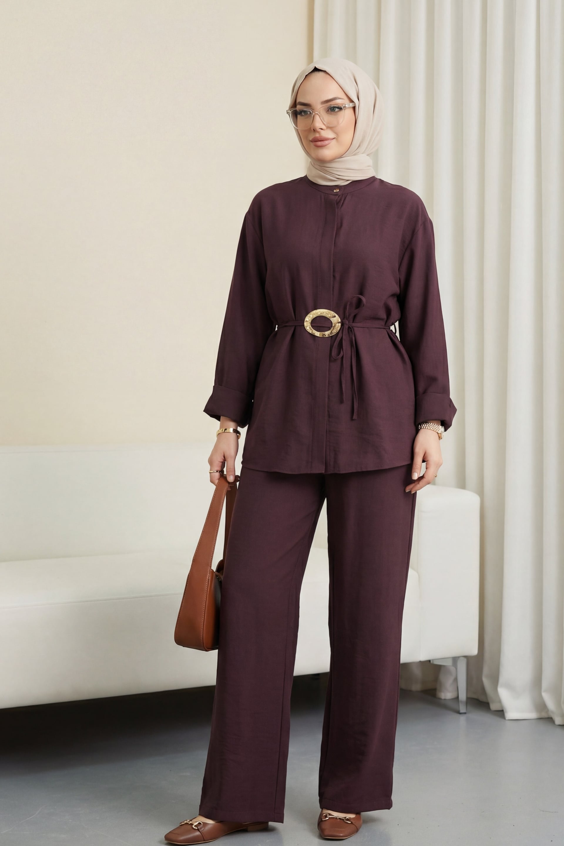 Belted Half-Button Wide-Leg Trousers Co-ord Set in Deep Plum - Podyumplus - by Peralane