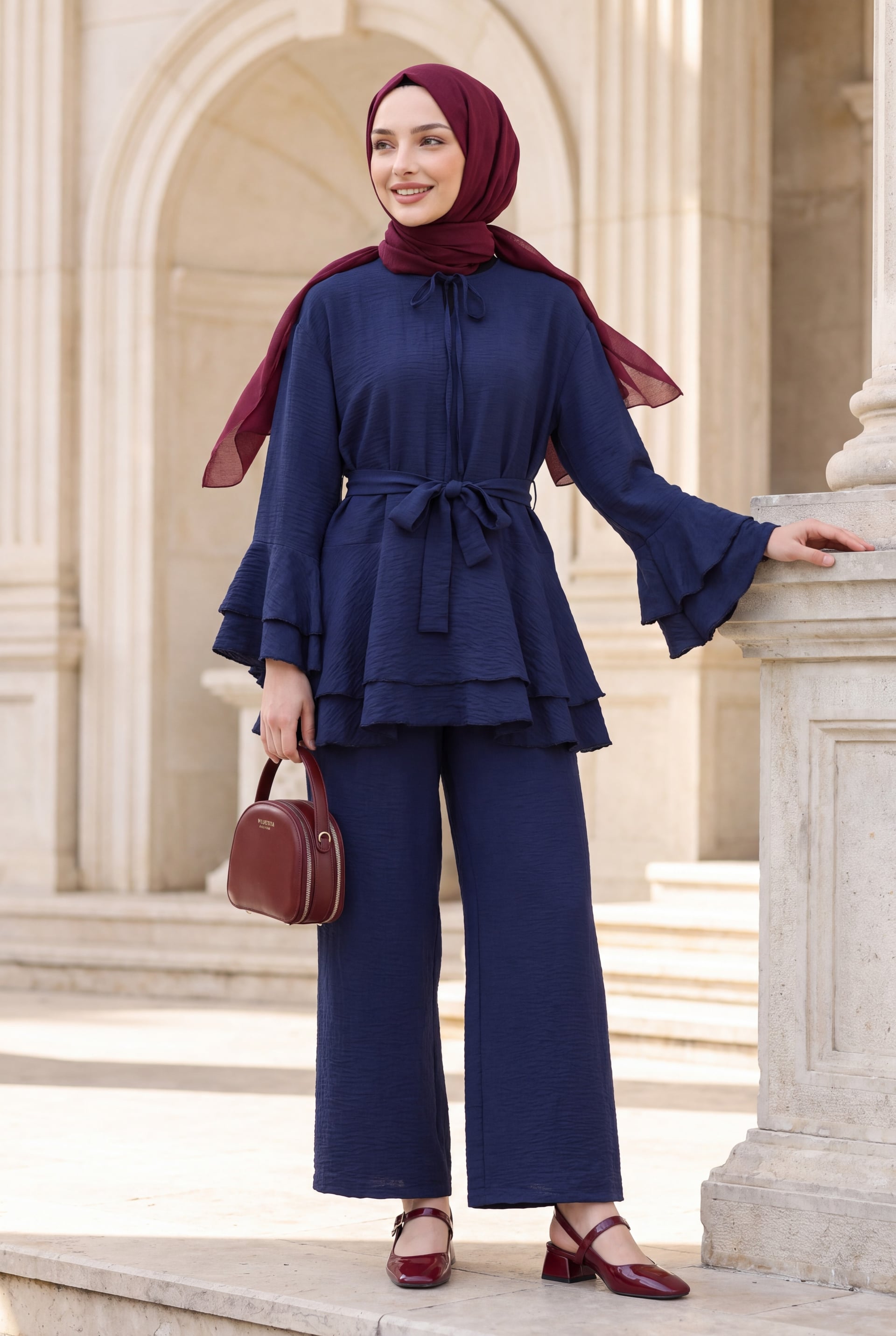 Navy Blue Jacquard Waffle Co-ord Set with Tunic and Wide-Leg Trousers - Podyumplus - by Peralane - photo 2