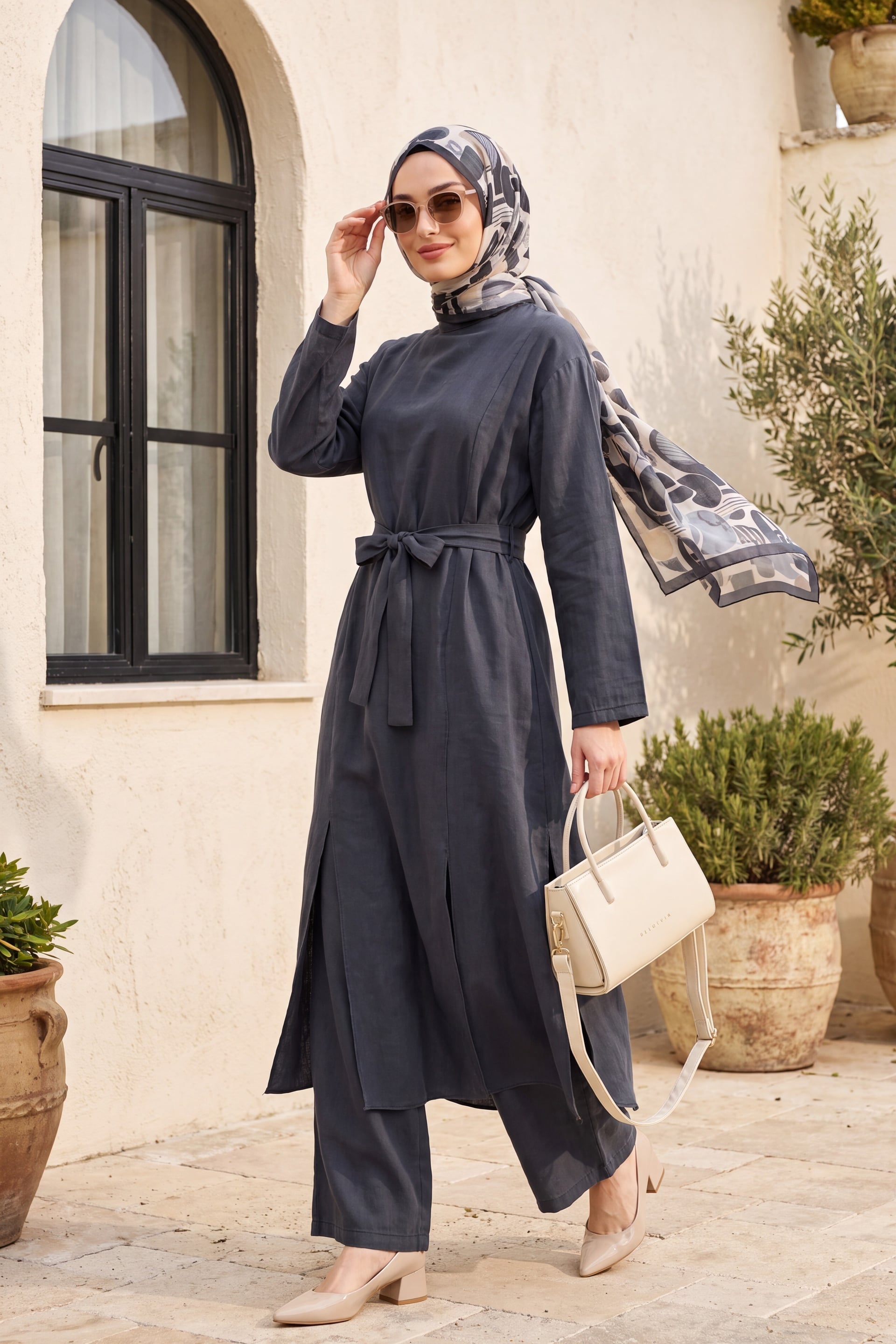 Women's Modal Two-Piece Set with Long Tunic and Pocketed Wide-Leg Trousers - Dark Grey - Podyumplus - by Peralane