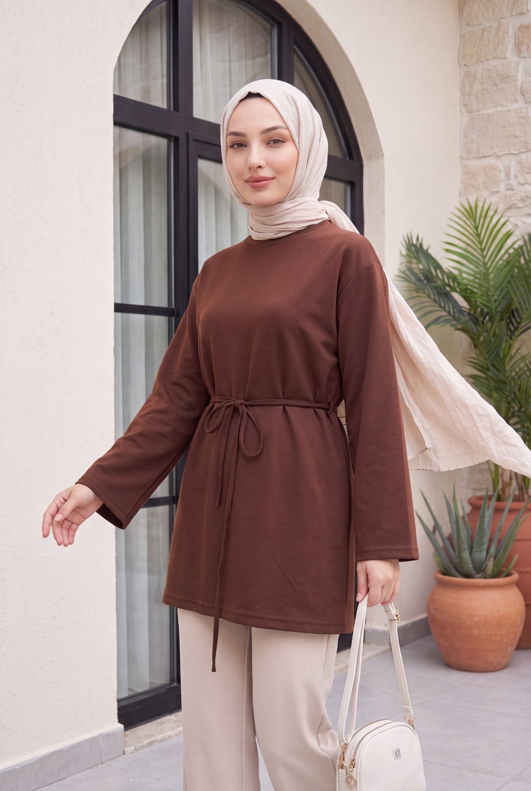 Round Neck Drawstring Waist Jersey Tunic - Brown - Podyumplus - by Peralane - photo 2