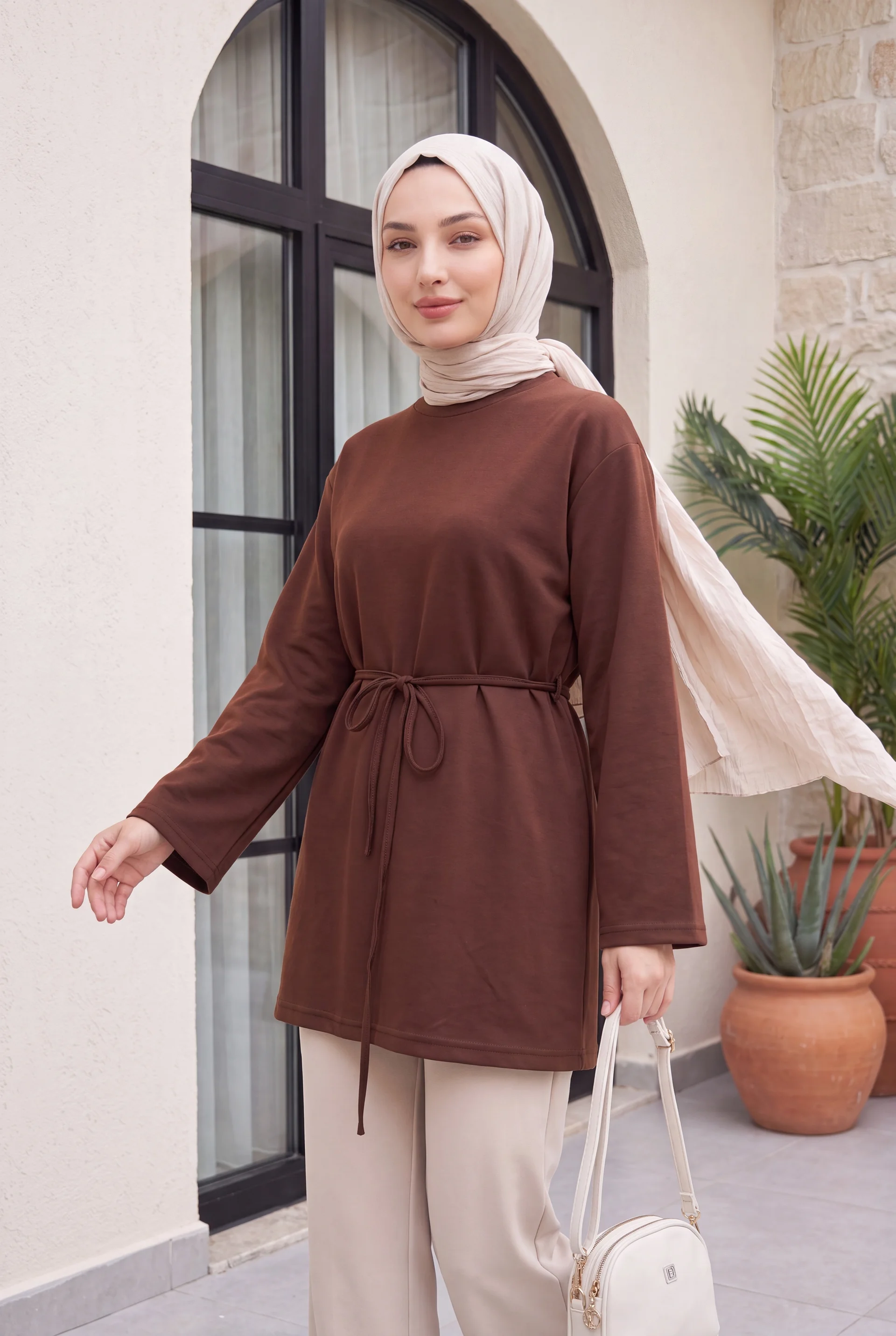 Round Neck Drawstring Waist Jersey Tunic - Brown - Podyumplus - by Peralane - photo 2