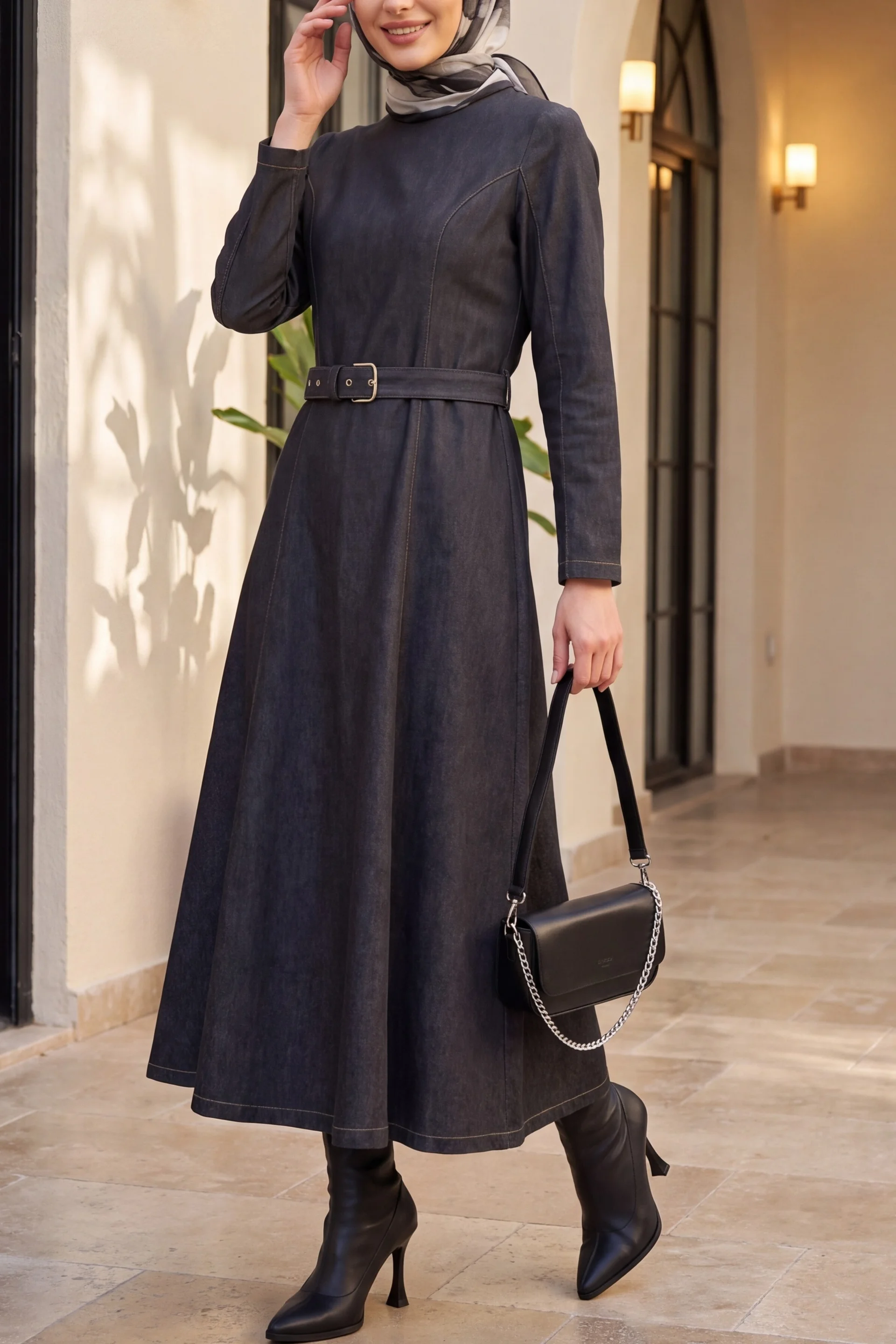 Flared Skirt Zip Belted Denim Dress - Anthracite - Podyumplus - by Peralane