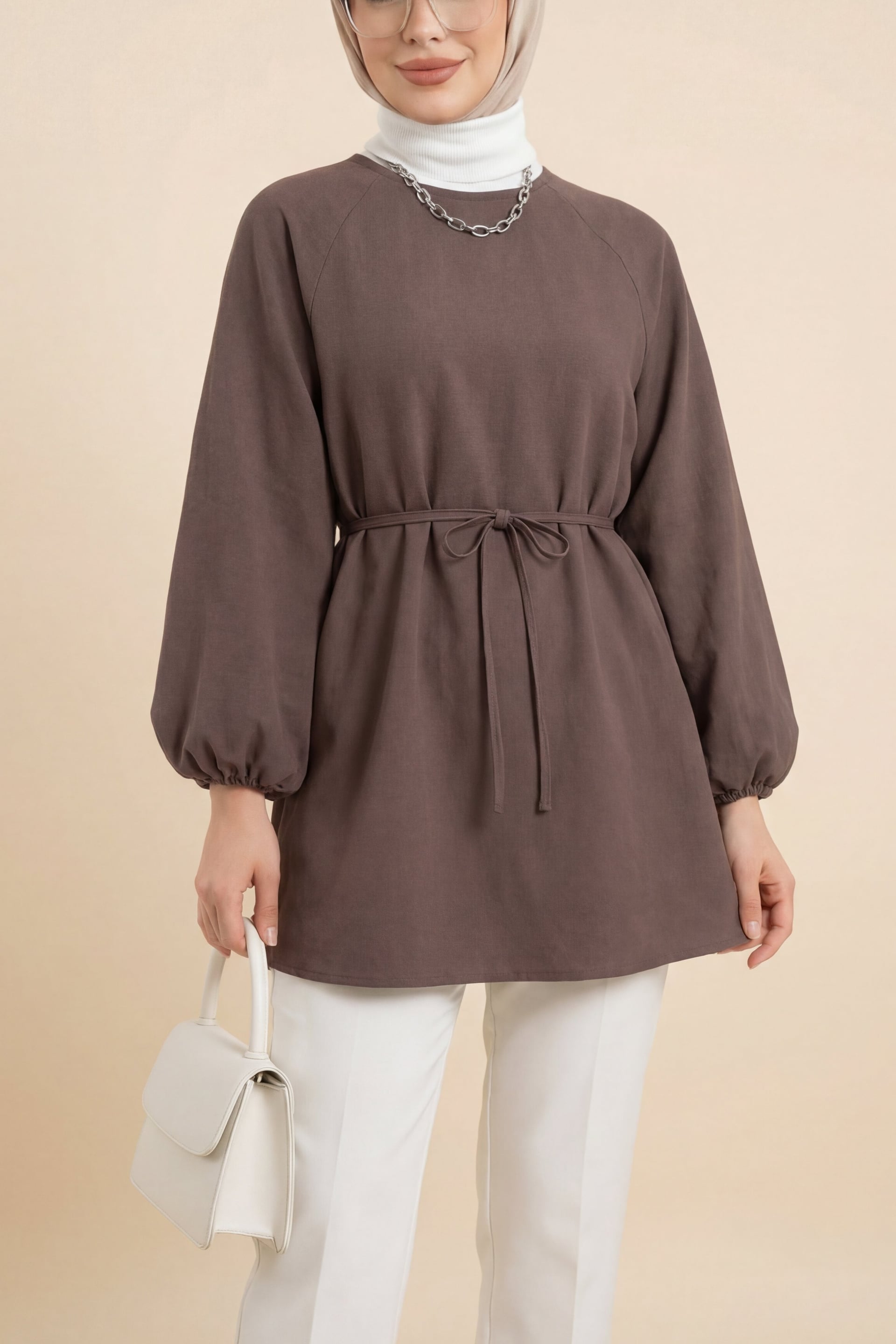 Round Neck Tie Waist Balloon Sleeve Tunic - Light Brown - Podyumplus - by Peralane - photo 5