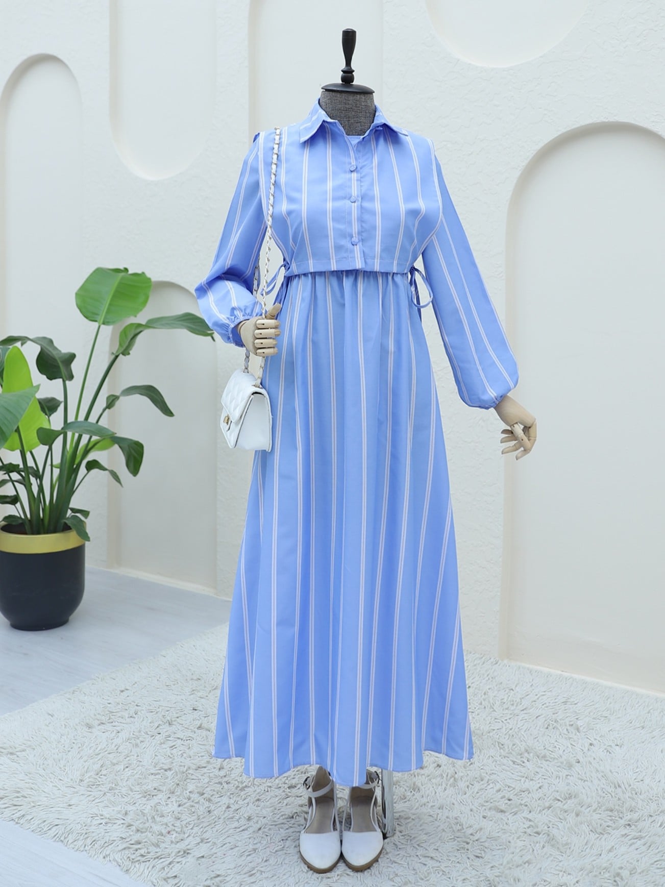 Striped Long Maxi Dress with Shirt Collar and Bolero Detail - Blue - Podyumplus - by Peralane - photo 2