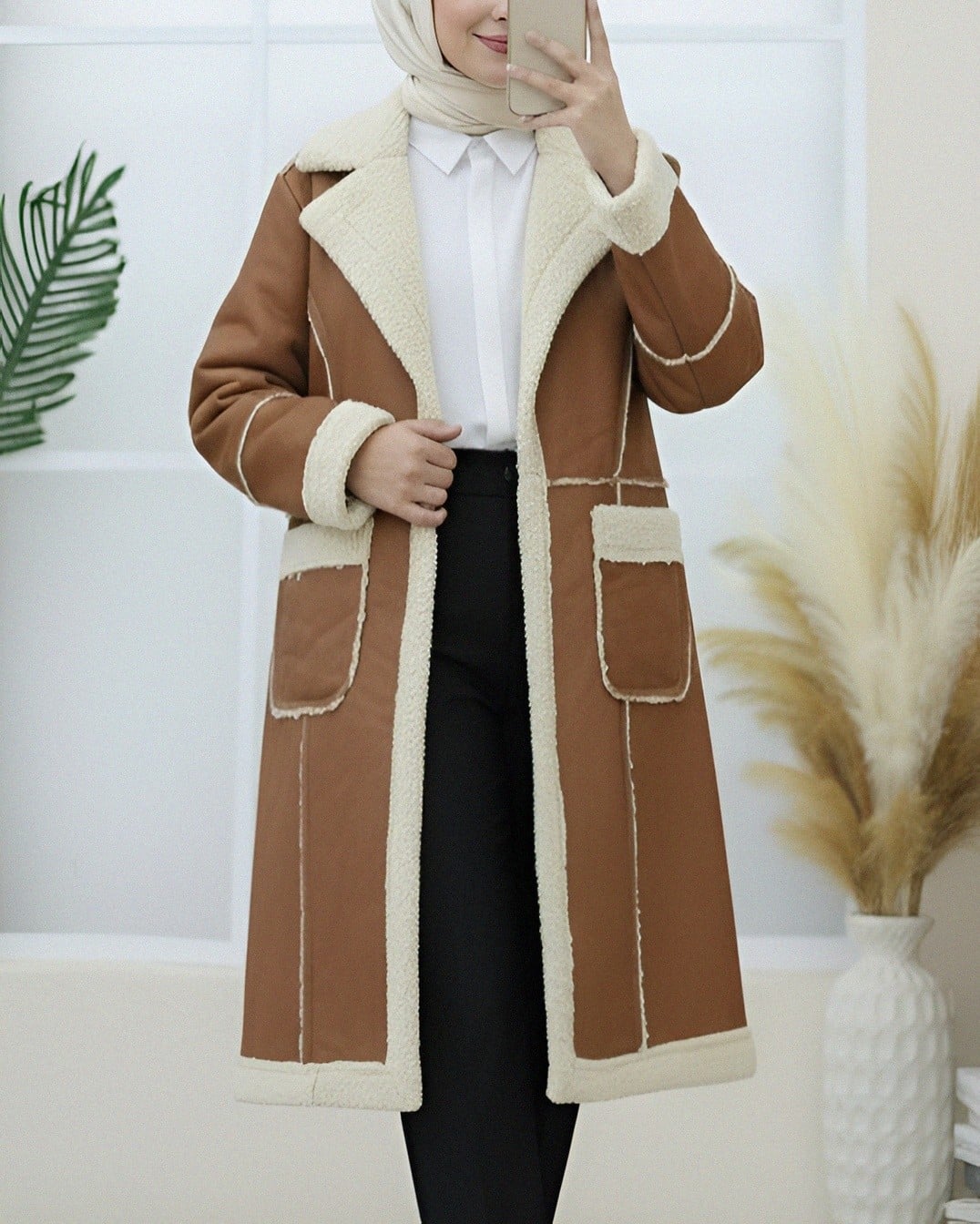 Women's Longline Faux Suede Coat with Shearling Trim - Tan - Podyumplus - by Peralane - photo 4