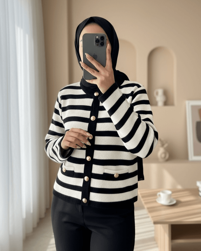 Round Neck Striped Pocket Detail Cardigan - Black - Podyumplus - by Peralane