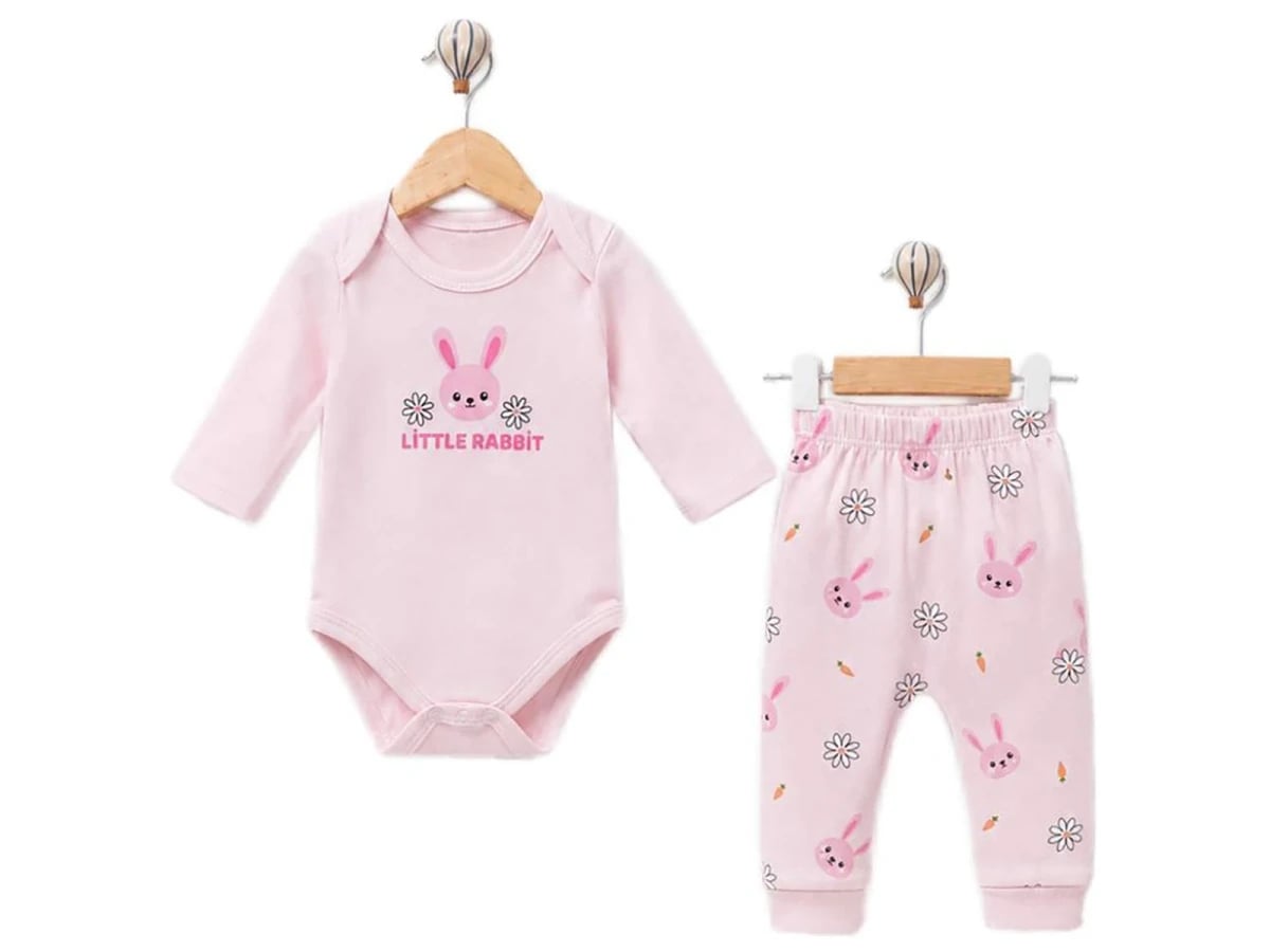 Pink Bunny Print Baby Girl Bodysuit and Pants Set - Supermini - by Peralane