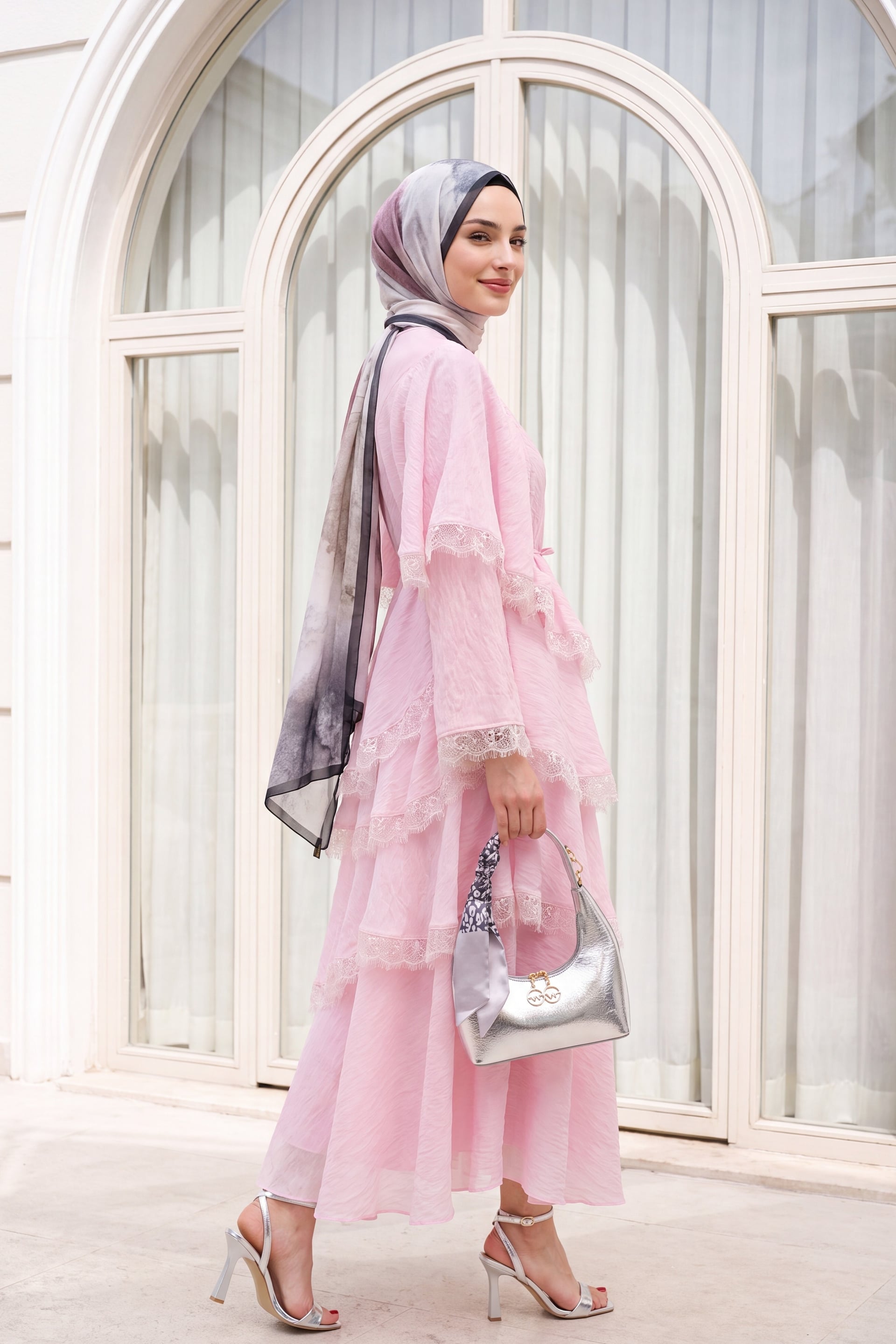 Pink Tiered Lace-Trimmed Belted Tulle Modal Dress - Podyumplus - by Peralane - photo 4