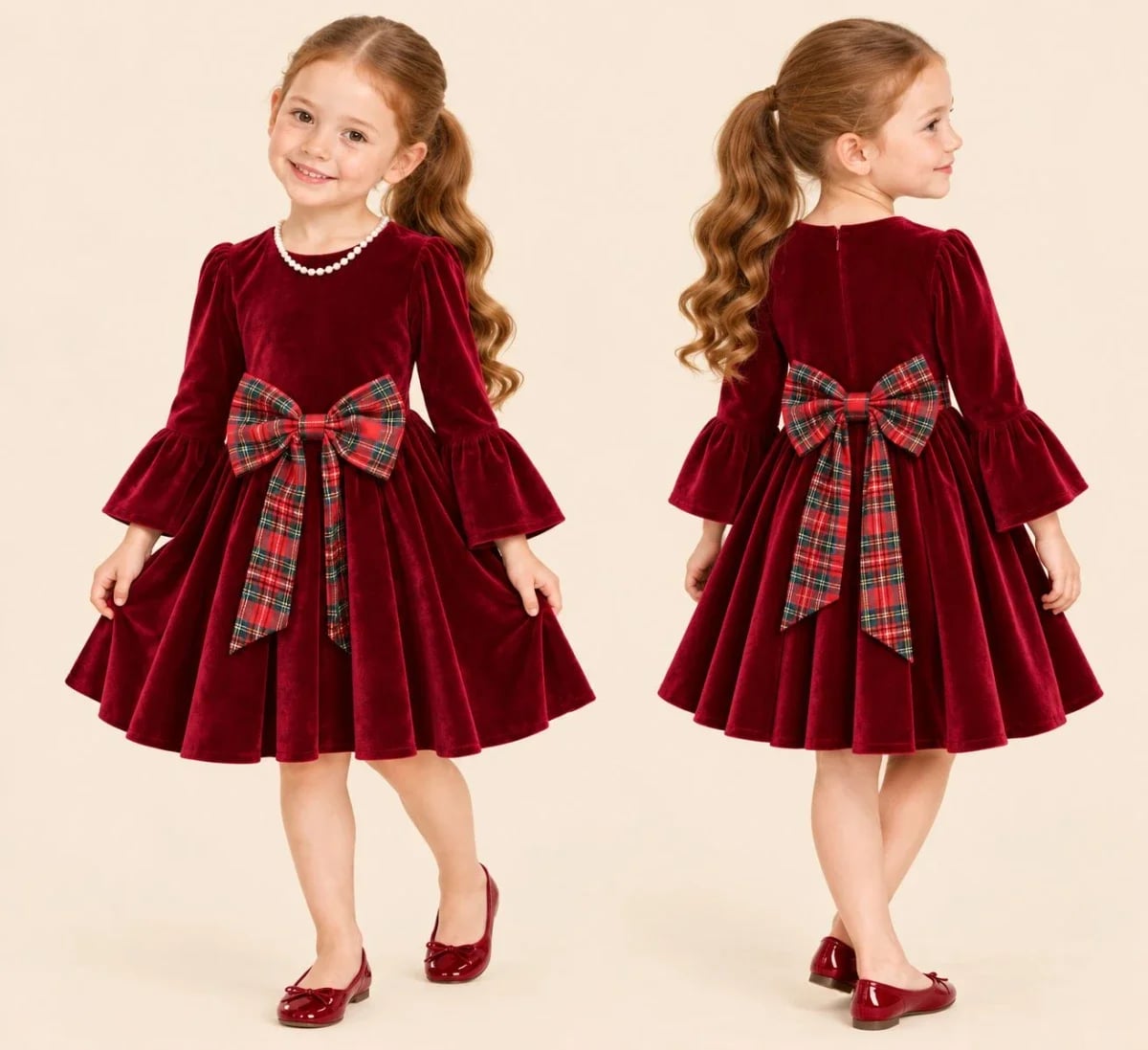 Girls Burgundy Velvet Plaid Bow Dress - Interkidsy - by Peralane