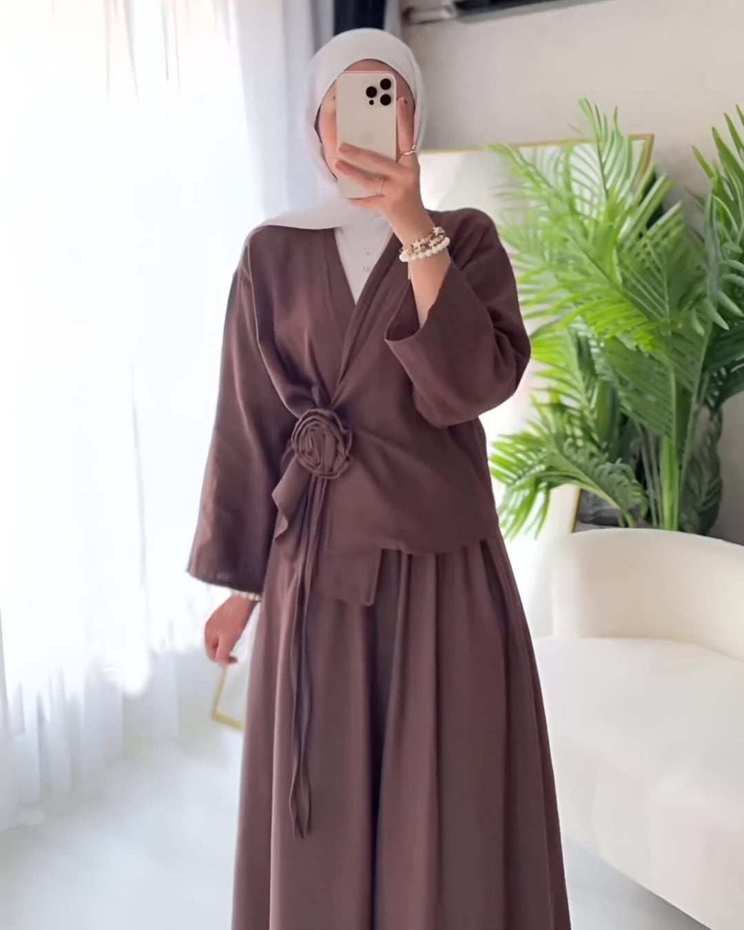 Rose Brooch Side-Tie Jacket and Skirt Linen-Look Set - Brown - Podyumplus - by Peralane - photo 3