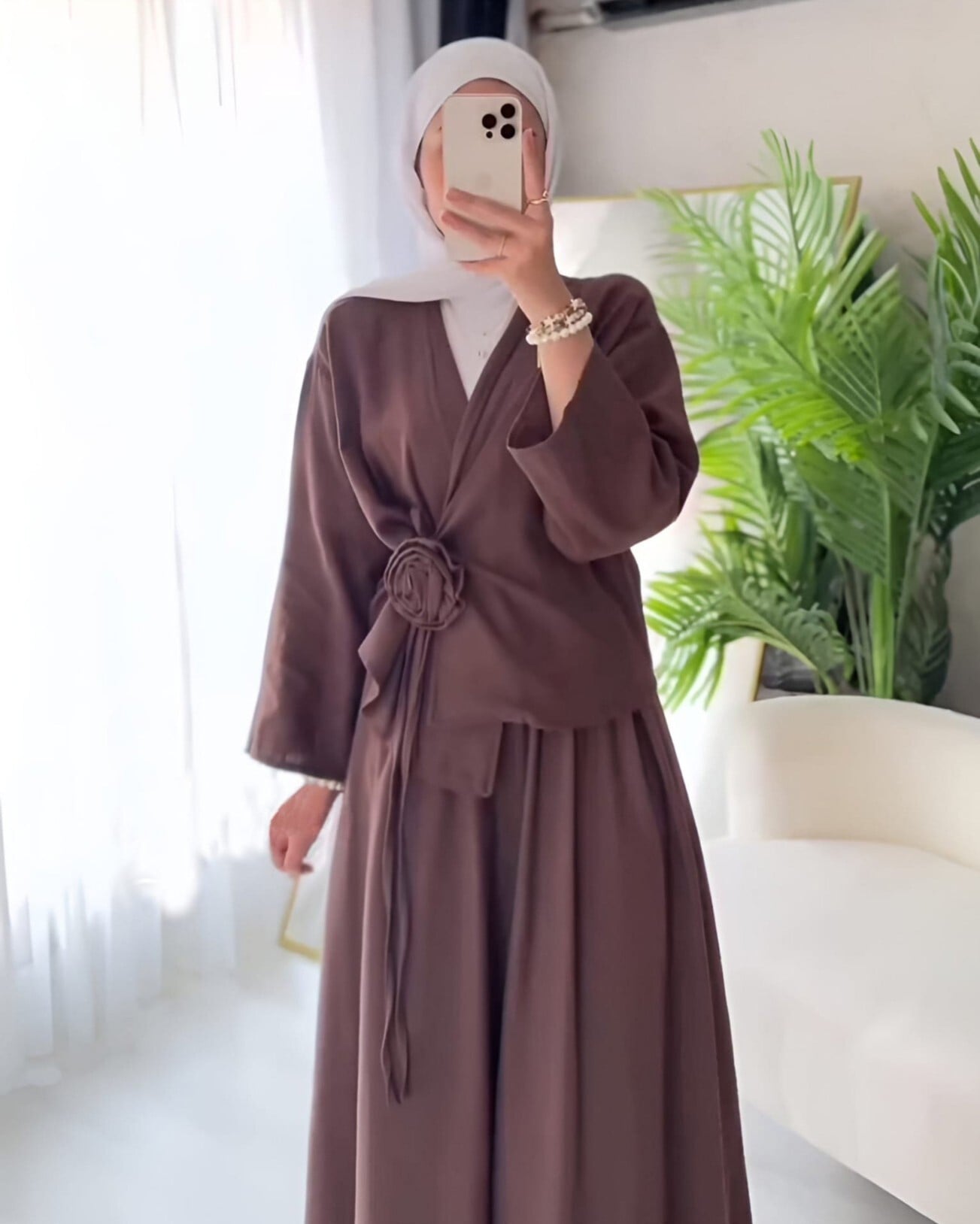 Rose Brooch Side-Tie Jacket and Skirt Linen-Look Set - Brown - Podyumplus - by Peralane - photo 3