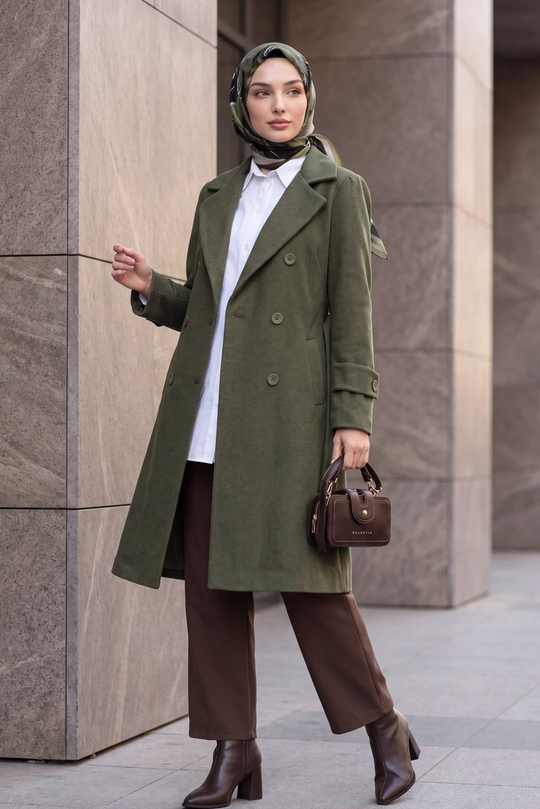 Olive Green Double-Breasted Belted Wool Blend Coat with Back Bolero Detail - Podyumplus - by Peralane - photo 5