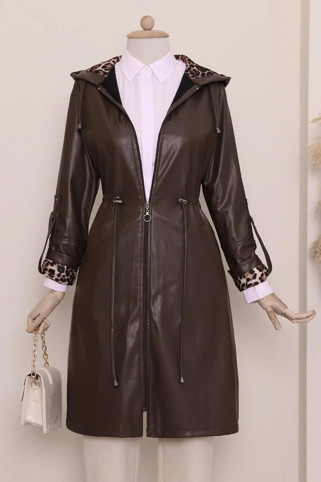 Women's Hooded Faux Leather Jacket with Drawstring Waist - Brown - Podyumplus - by Peralane - photo 5