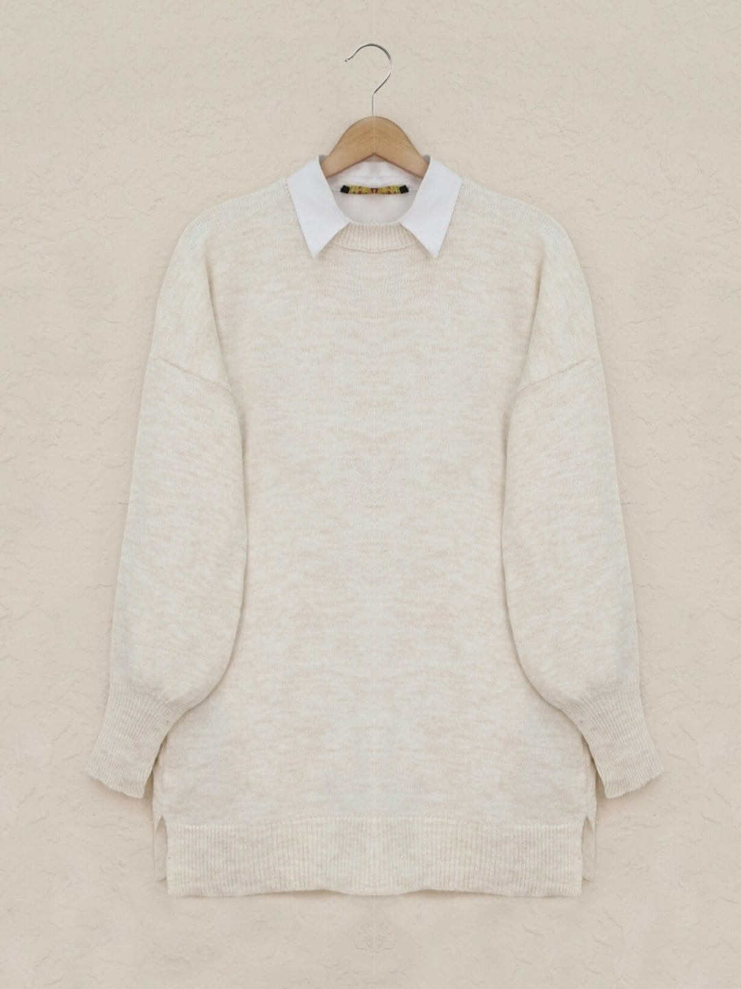 Round Neck Balloon Sleeve Loose Knit Sweater - Stone - Podyumplus - by Peralane - photo 2